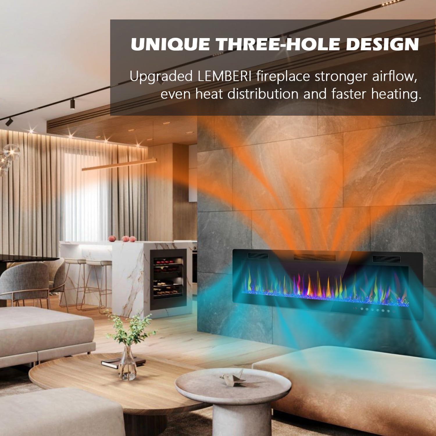 Diagram showing dimensions for LEMBERI 60 inch Electric Fireplace for recessed and wall-mounted installation