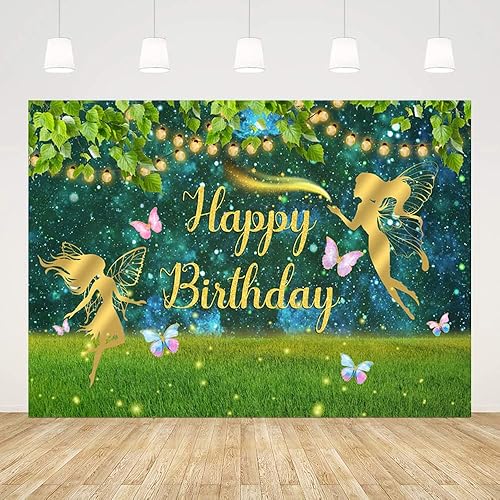 MEHOFOND Telón de fondo de cumpleaños de hadas para niña, mariposa, hada, princesa, decoración de fiesta de cumpleaños, suministros de flores,