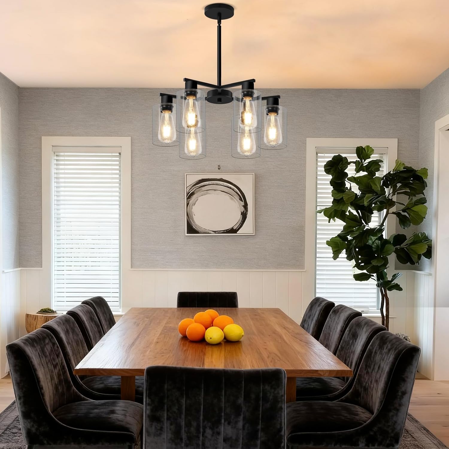 6-Light Modern Chandelier Farmhouse Black Chandeliers for Dining Room with Clear Glass Shades Adjustable Height Hanging Pendant Lights for Kitchen Island Living Room Entryway Foyer Bedroom