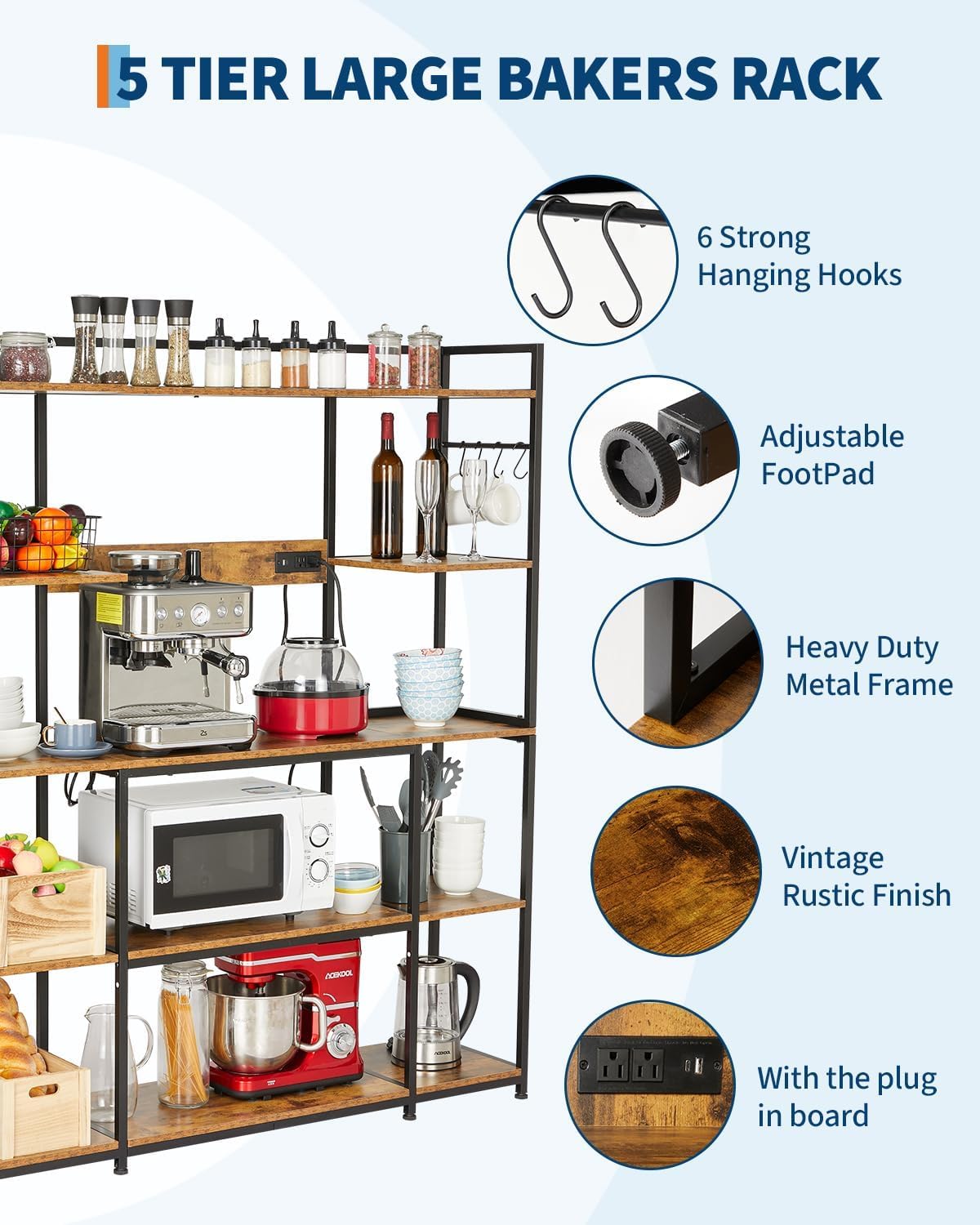 55" Wide Large Bakers Rack with Power Outlet, 4-Tier Kitchen Storage Shelf Stand for Microwave Oven, Coffee Bar Table with 6 Hooks & Rustic Hutch Storage Organizer