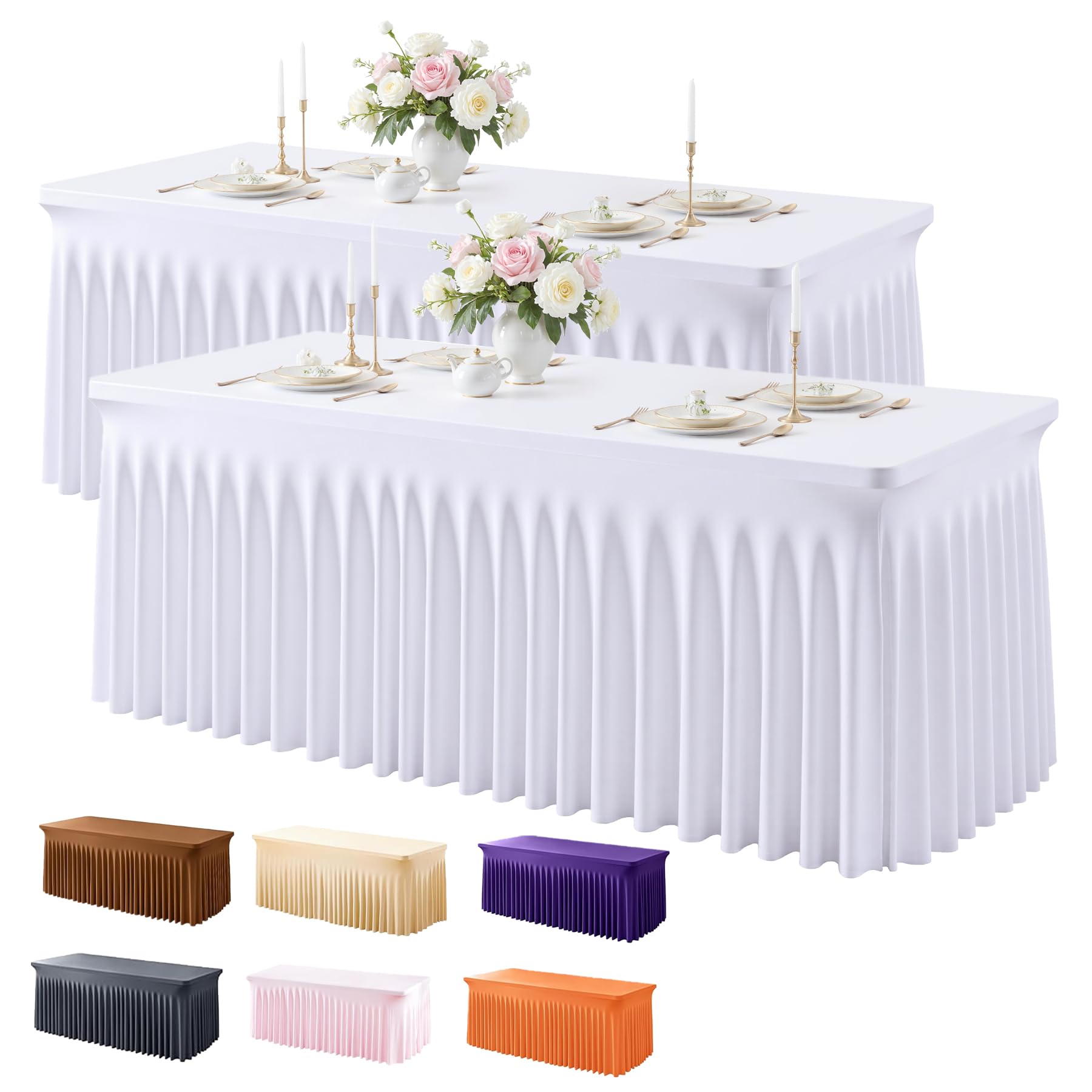 Photo 1 of ???????? 2 Pack White Spandex Fitted Tablecloth 6 Foot - Stretch Table Clothes for 6FT Rectangle Table, Washable Ruffles for Weddings, Buffet, Banquet, Trade Craft Show, Party Celebration
