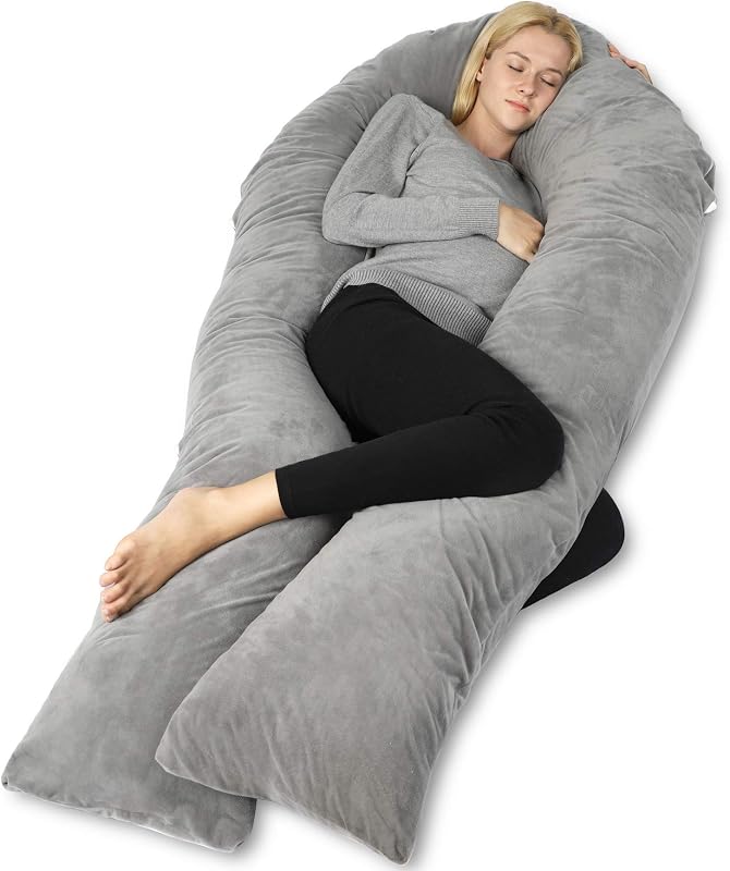 65 Inch U Shaped Pregnancy Body Pillow for Sleeping,Gray Velvet | Enjoy extended coverage from the extra-long size, designed for tall pregnant women and other adults