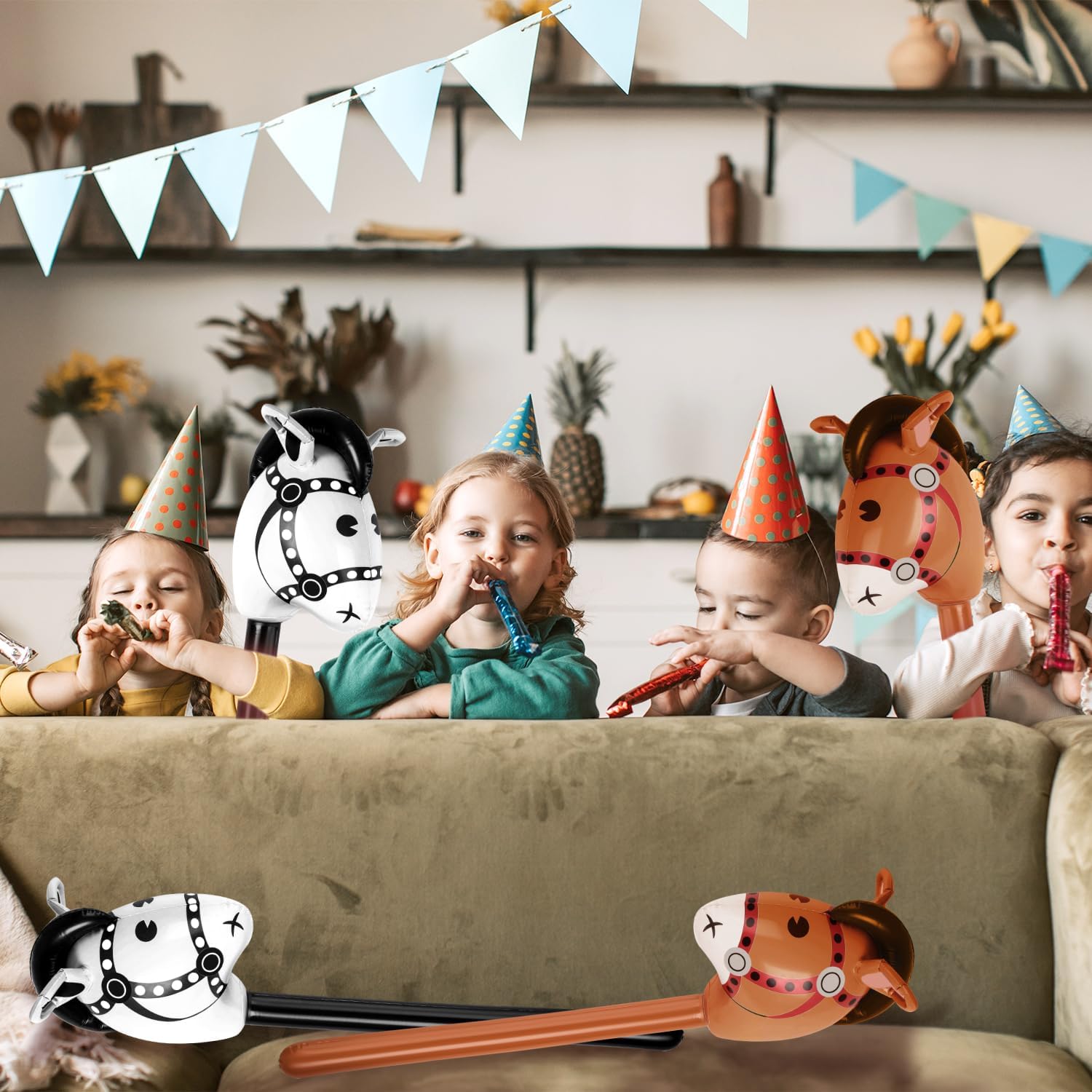12pcs Inflatable Balloon Horse, Horse Head Stick Toy for Theme Birthday Party Home Decoration Supply (Black, Brown)
