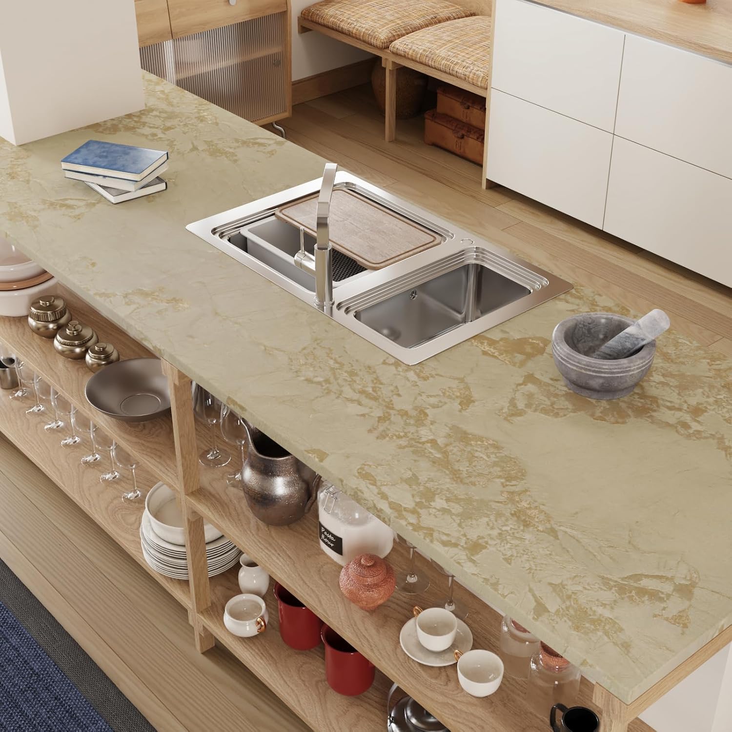 CRE8TIVE Matte Beige Gold Marble Wallpaper Peel and Stick Countertops Waterproof Marble Contact Paper for Countertops Walls 12"x354" Self Adhesive Removable Bathroom Wallpaper for Table Desk Furniture