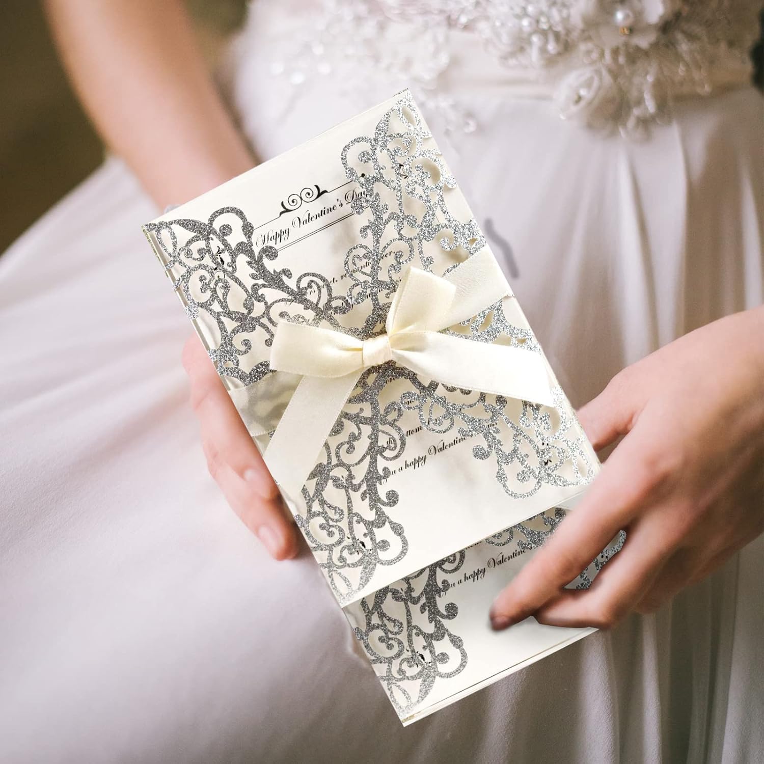 50PCS Wedding Invitation,Silver invitations,Silver Powder Floral Laser Cut with Blank Inner Sheet, Envelopes and Ribbons for Party Wedding Engagement Bridal Bridal Shower Invite