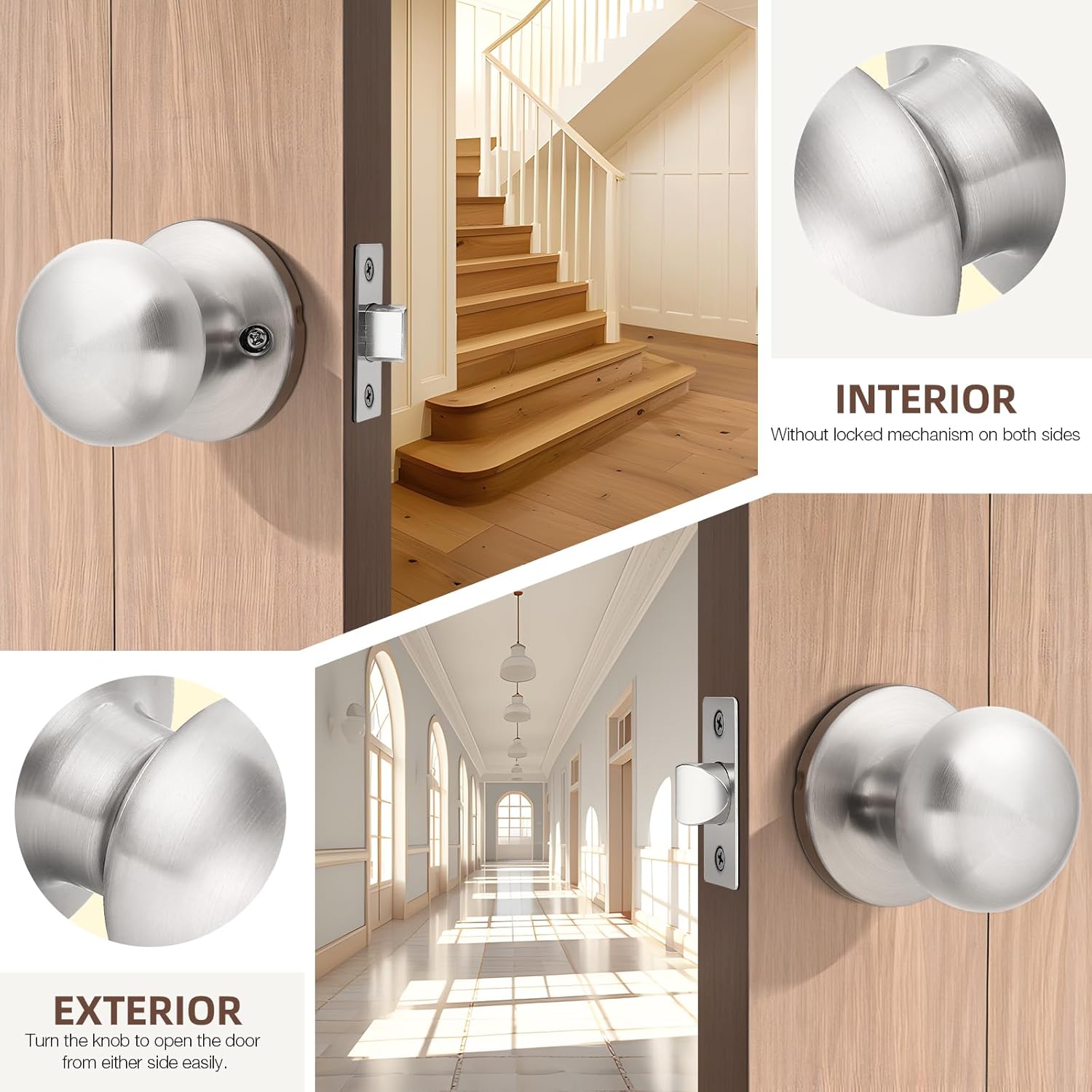 GOBEKOR Brushed Nickel Door Knobs Passage Door Knobs Interior for Closet Hallway Keyless Round Indoor Door Knob with Lock 5 Pack