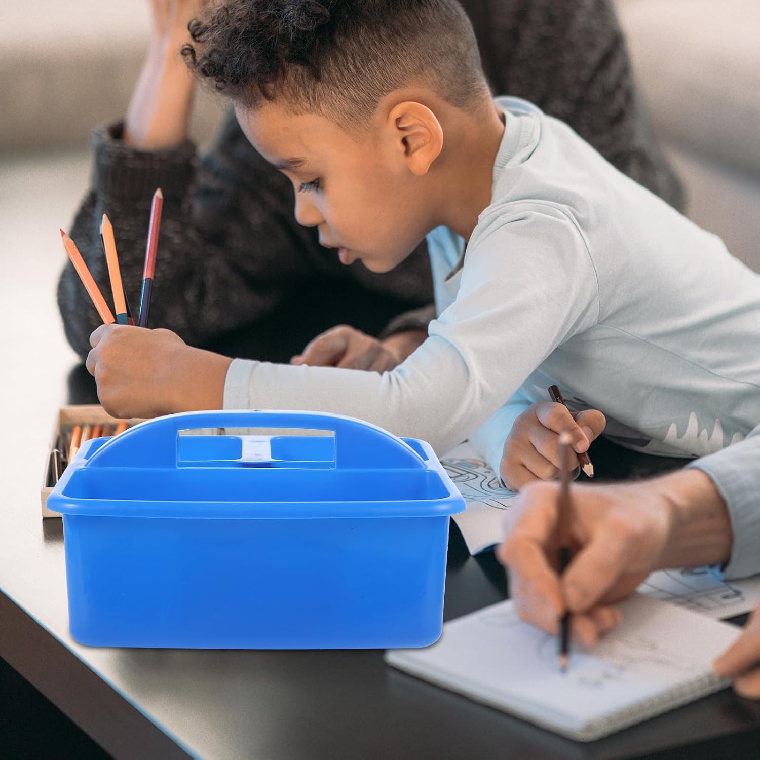 COOPHYA Multi-Compartment Art Supply Organizer with Handle, Blue Classroom Storage Bin for Painting Tools and Stationery, School Desk Holder and Teachers