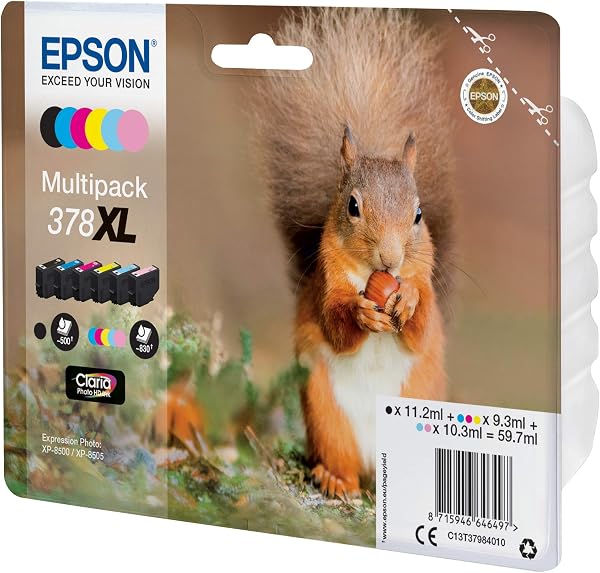 Epson Multipack 378XL Ecureuil, Cartouches d'encre d'origine XL Haute capacité, 6 couleurs: Noir, Cyan, Magenta, Jaune, Cyan clair, Magenta clair, XP-8500 XP-8505 XP-8600 XP-8605 XP-8606 XP-8700 - 2