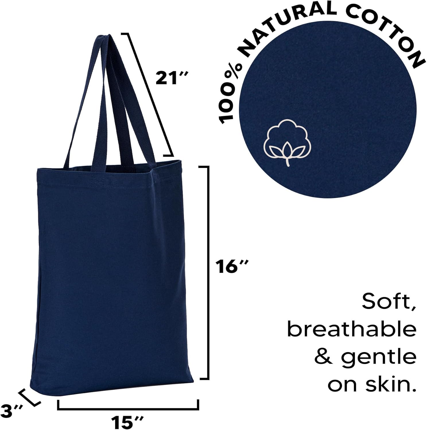 1 |3 | 6 | 12 | 144 Pack 100% Cotton Tote Bag with Gusset, Reusable Eco-Friendly Canvas Shopper for Grocery, Gift, Craft - Image 3