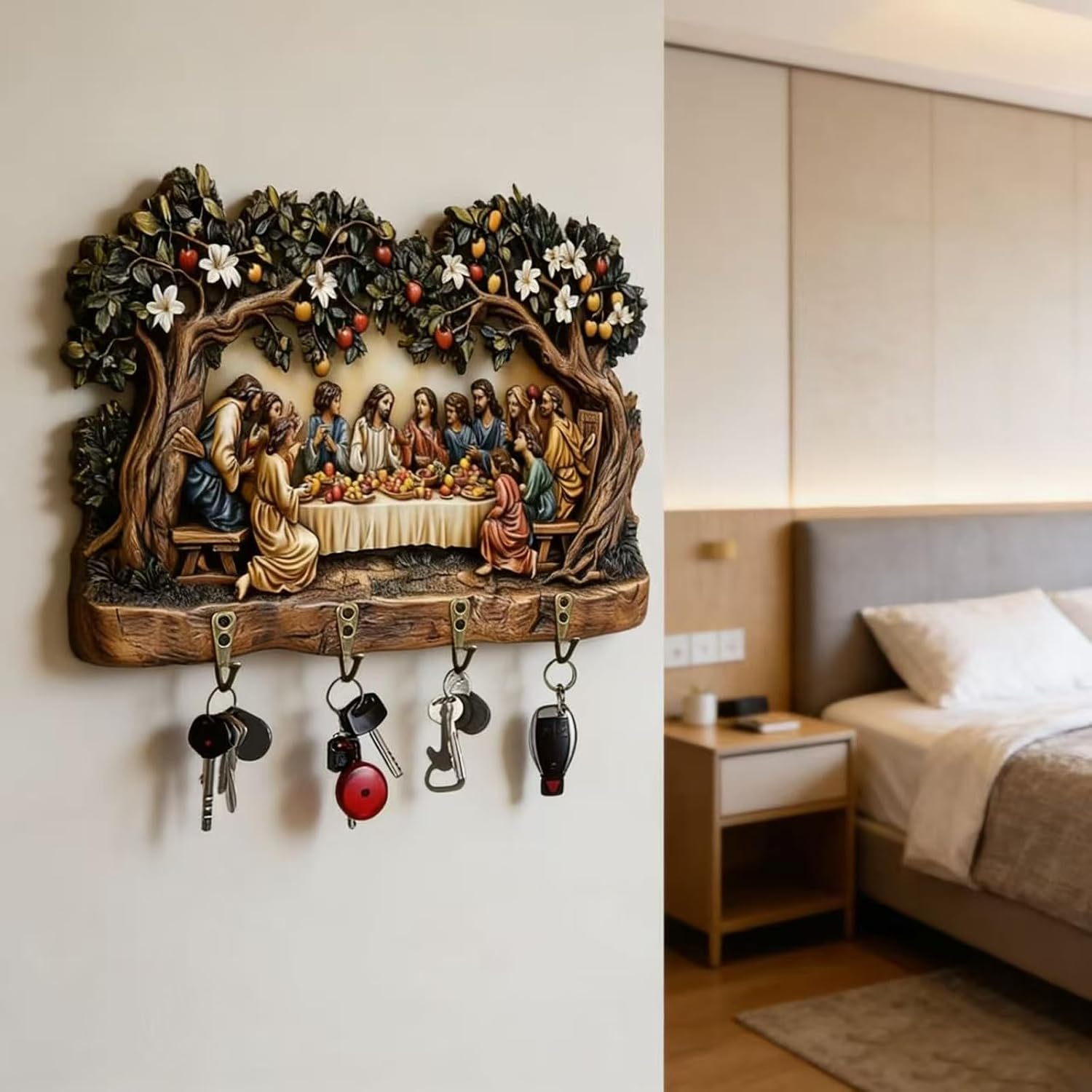 Last Supper Wall-Mounted Key Rack Religious Key Rack with 4 Hooks Christian Home Decor Wall Shelf Catholic Religious Gift Perfect for Housewarming and Baptism Ceremonies