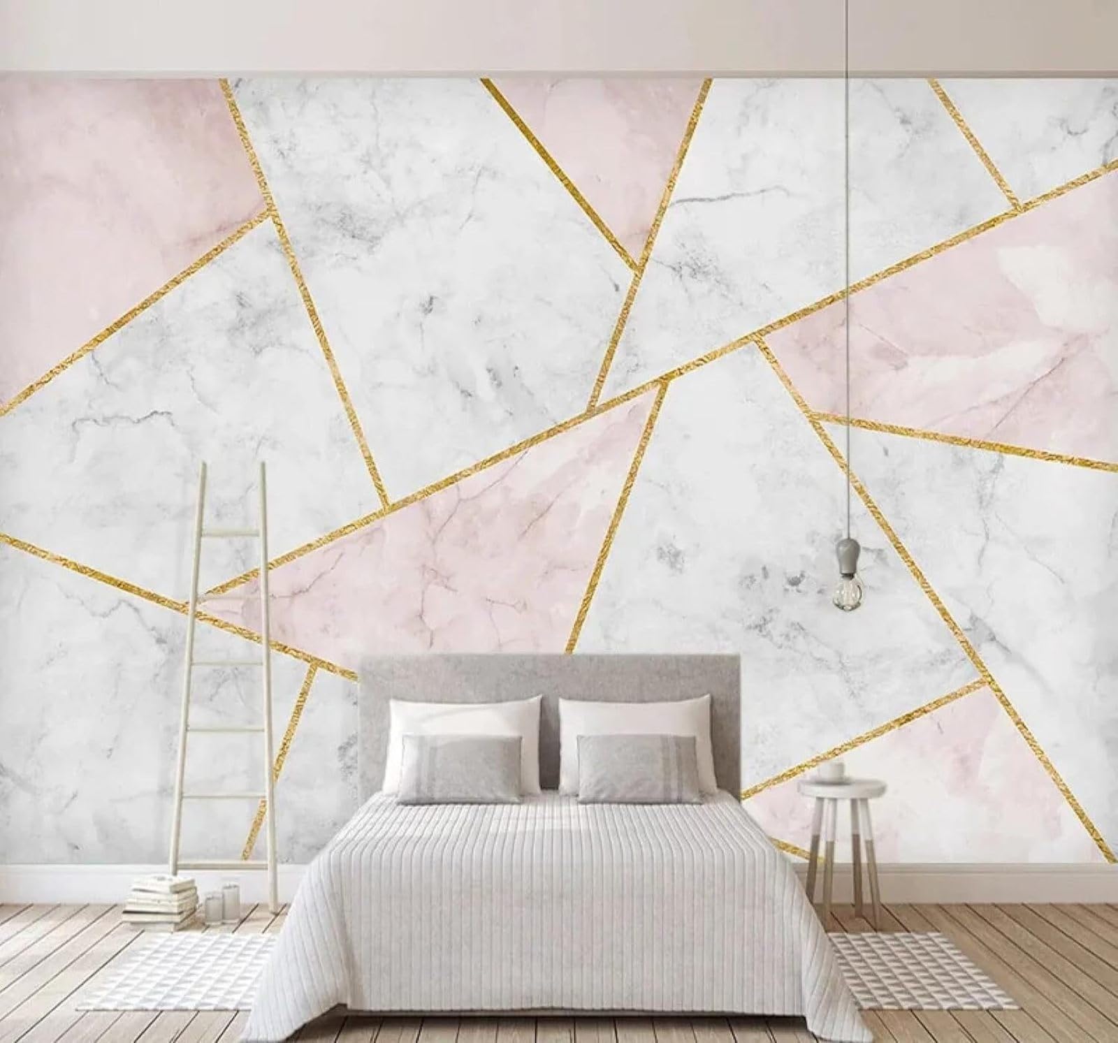 3D Carta Da Parati Astratto Rosa Geometrico Effetto Marmo Fili Dorati