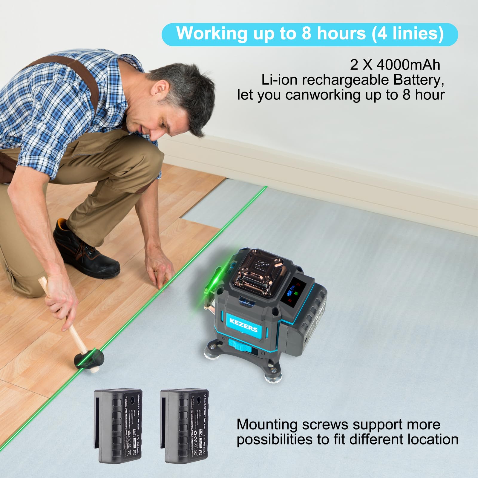 KEZERS Láser de Líneas Cruzadas Verde 4x360°, Nivel de Burbuja Láser Autonivelante 16 Líneas, Láser de Líneas Cruzadas con Pantalla, Mando a Distancia, Soporte de Pared, para Interiores y Exteriores