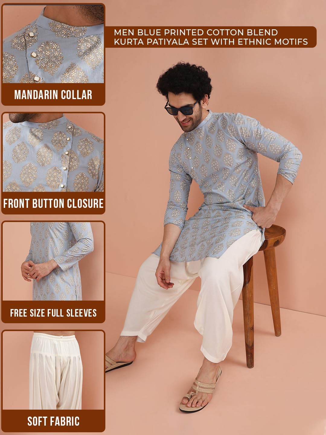 KISAH Mens Kurta – Printed Cotton Blend Tunic with Mandarin Collar, Regular Fit – Indian Wedding Outfit for Men – Festive Wear for Diwali, Eid & Celebrations Blue - Image 4