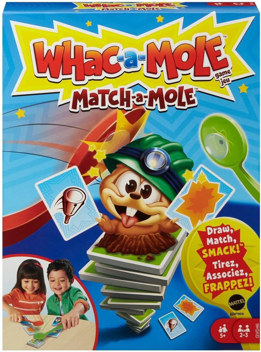 Mattel Games WHAC-A-MOLE Match-A-MOLE Kids Card Matching Game with Mole Smackers for 2 to 3 Players 5 Year Old & Up