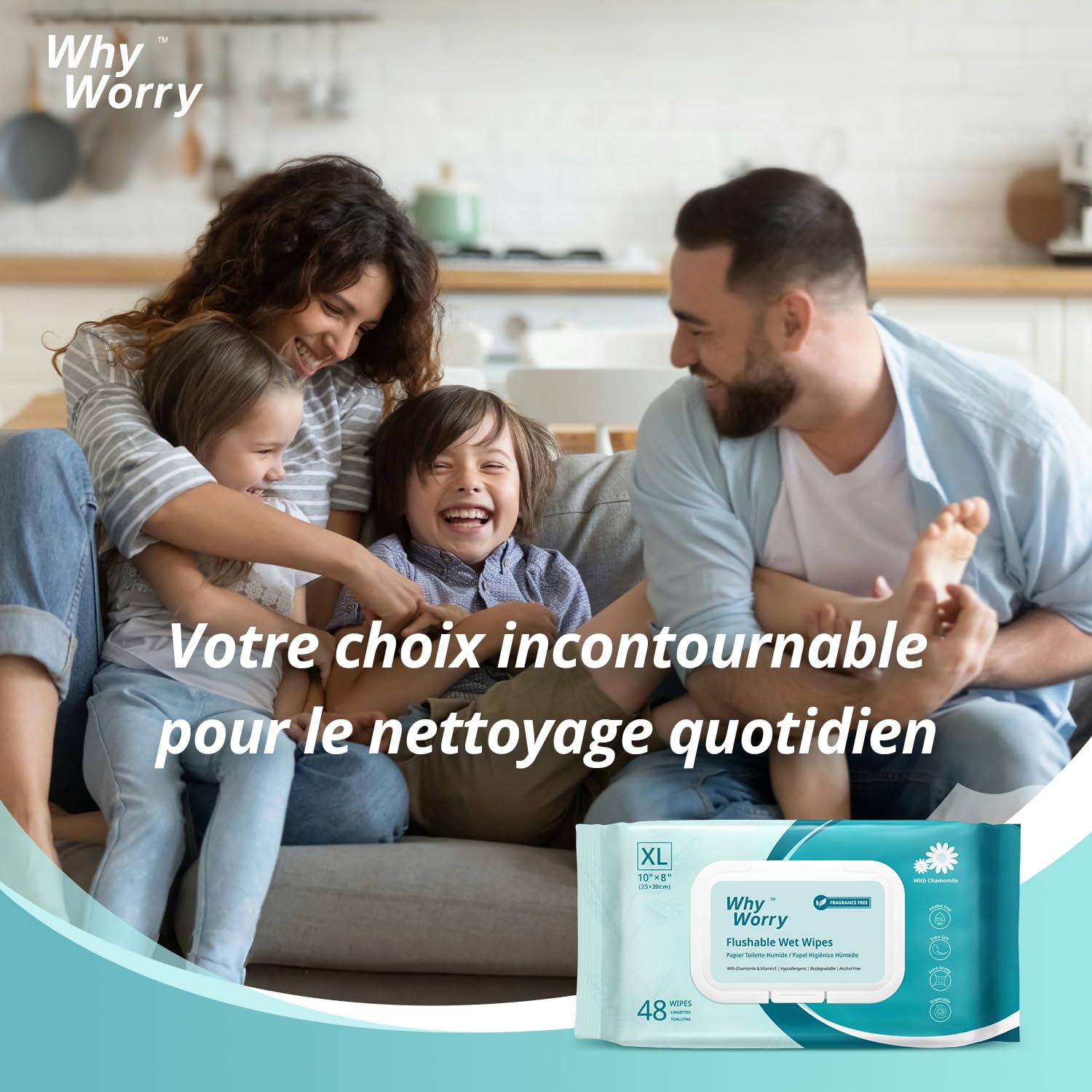WhyWorry XL Papier Toilette Humide 20x25 cm pour Adultes, Extra Épais Lingettes Nettoyage Jetable dans les Toilettes, Camomille et Vitamine E, 100% Végétales, Sans Parfum, 144 Unité (3 Paquets de 48)