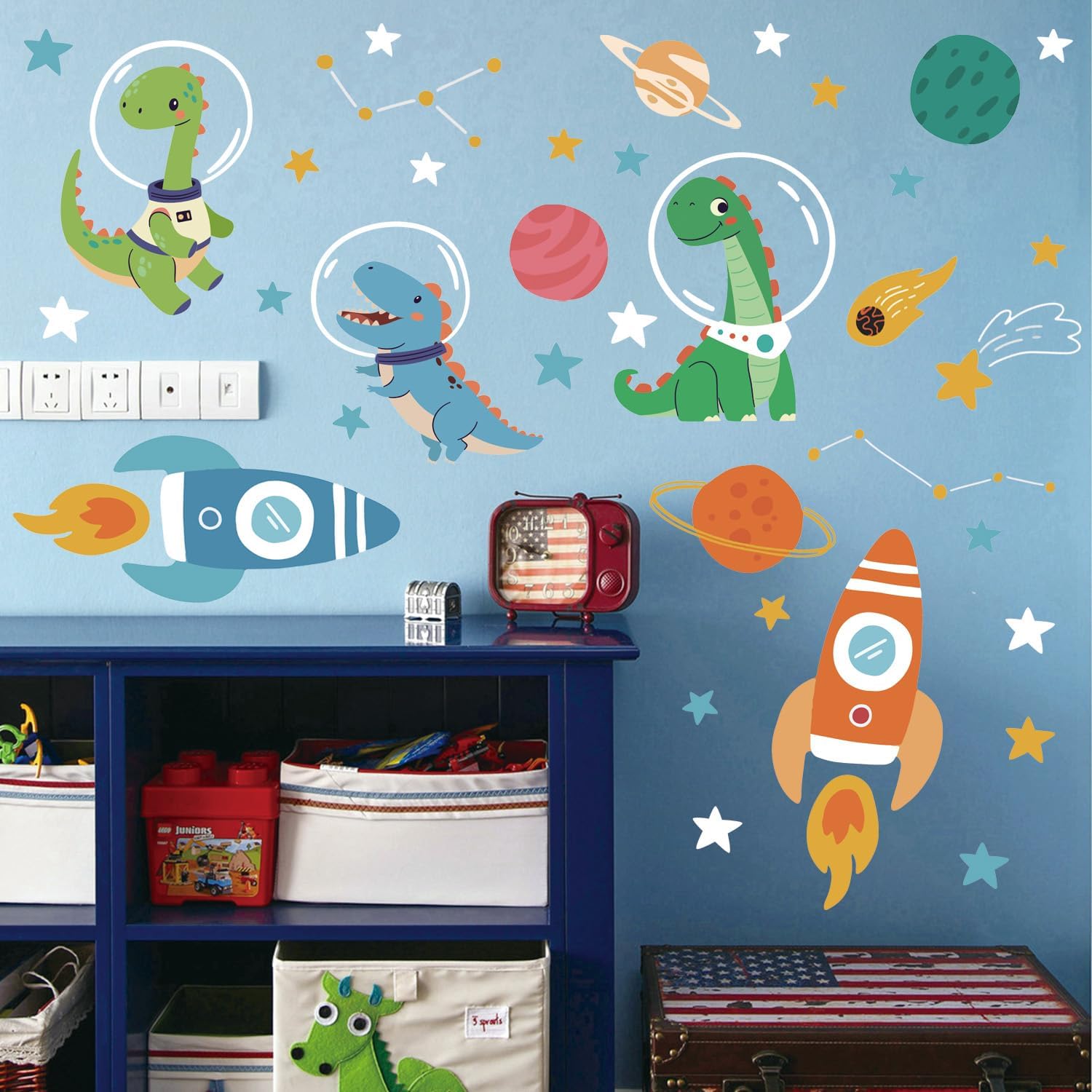 LHIUEM Cute Dinosaurs Astronaut Decal for Nursery,Outerspace Rocket Double Sided Window Clings,Solar System Classroom stickers,Planets Galaxy Gift for Kids Room,Transparent Celestial Stars Wall Decals