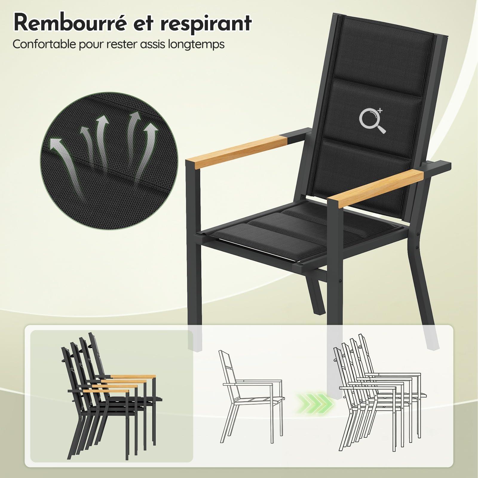 Devoko Salon de Jardin Exterieur 8 Personnes, HDPS Table de 189 cm et 8 Chaises Empilable d'Extérieur en Aluminium Durable, Design à Veine de Bois, Idéal pour Cour, Terrasse ou Bord de Piscine, Gris