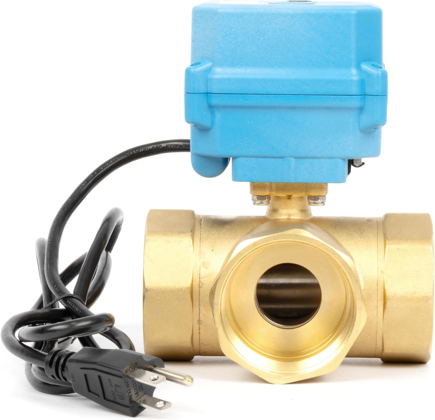 U.S. Solid 3 Way 2'' Brass Motorized Ball Valve AC 110V - 3-Way Valve with US Plug Manual Function - Heavy Duty Multipurpose L Type Water Shutoff - Standard Port