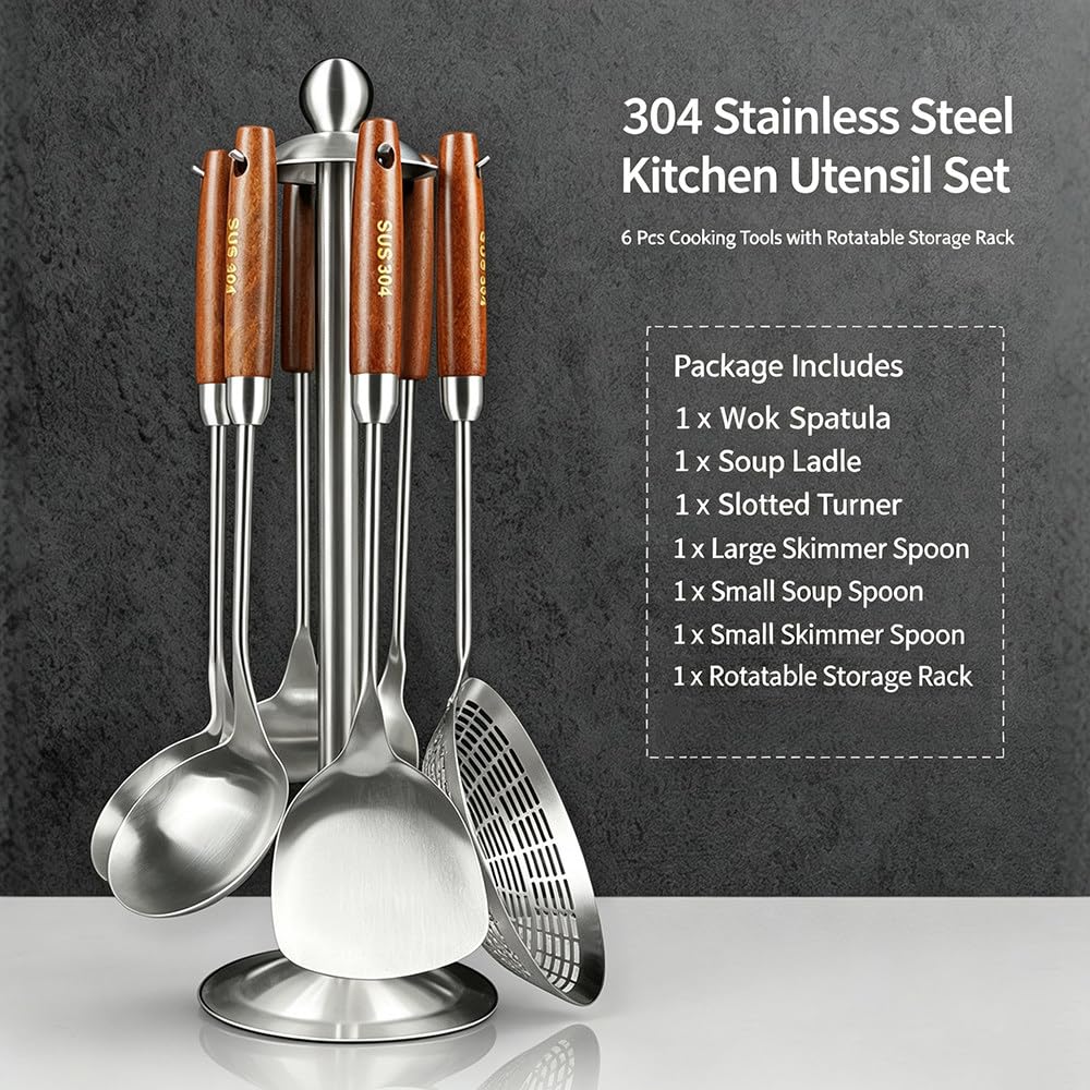 Set di 6 Utensili da Cucina in Acciaio Inox 304 con Supporto Girevole E Manici in Legno Massello Termoisolanti (Spatole, Mestoli, ECC.) per La Cucina di Casa