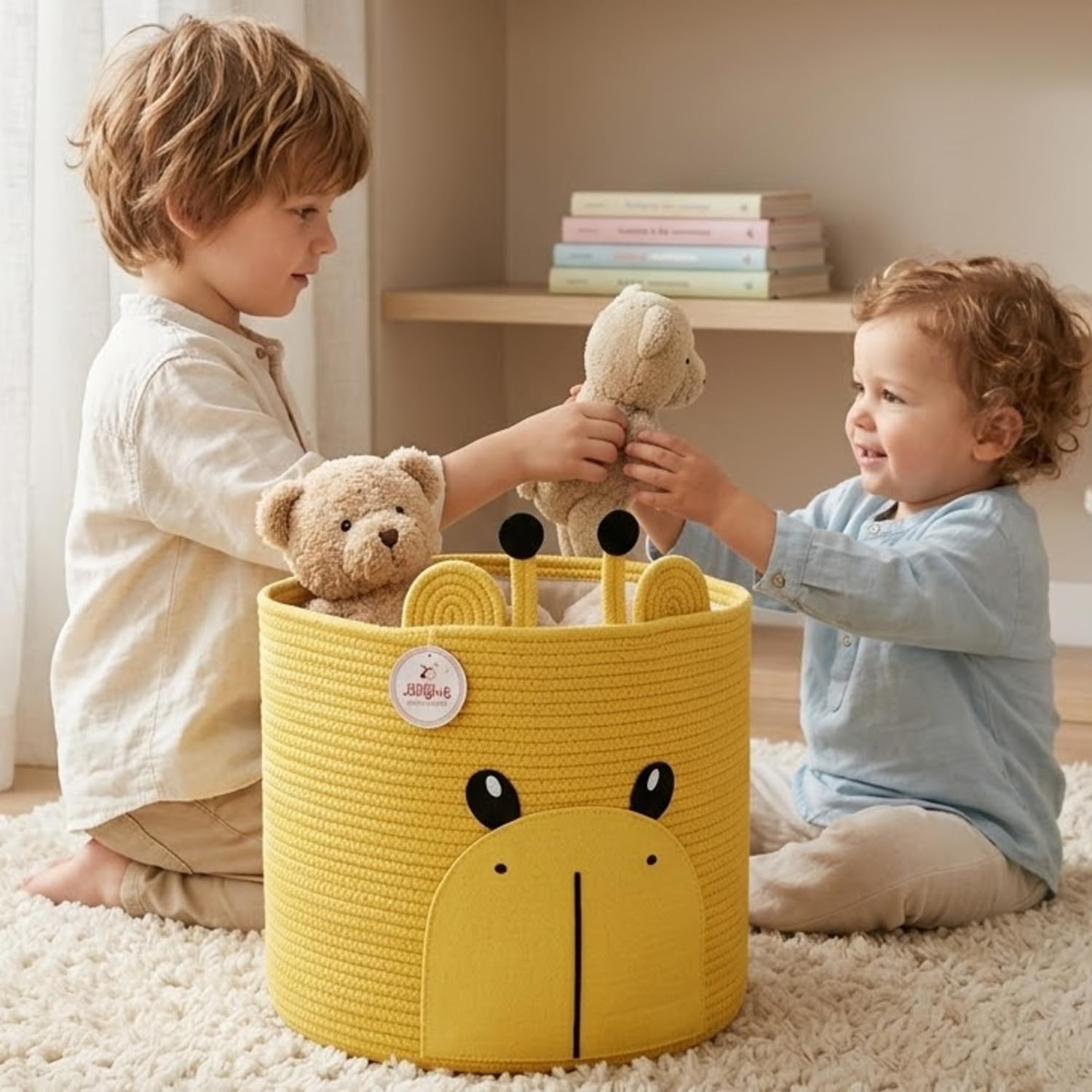 Laundry Basket for Kids, 14" x 12" Woven Cotton Rope Laundry Hamper, Foldable Toy Storage Basket with Animal Face Design & Cutout Handles, Baby Nursery Storage Bin, Nursery Decor Gift (Giraffe)