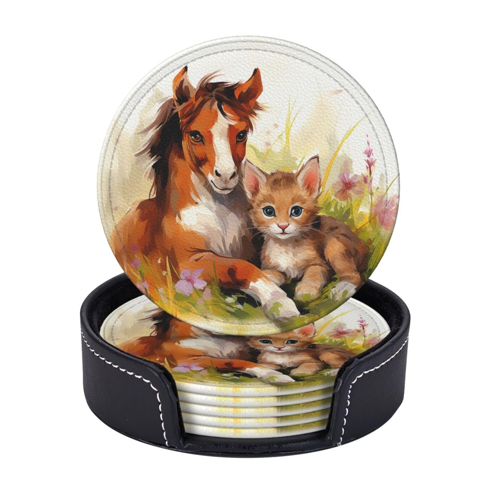 6Pcs PU Leather Coaster for Drinks, Cute Horse and Cat Cup Coasters with Holder, Aesthetic Drink Coasters for Coffee Table, Round Coaster for Tabletop Protection 4" Cup Mat Pad