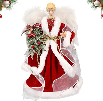 Angel Tree Topper with Wings Christmas Toppers Xmas Holiday Decor | 12.6" Red Angel Tree Topper, Shaped,Flexible Iron Skeleton; Xmas Trees, Mantels, Tabletops, Weddings, Holiday Party