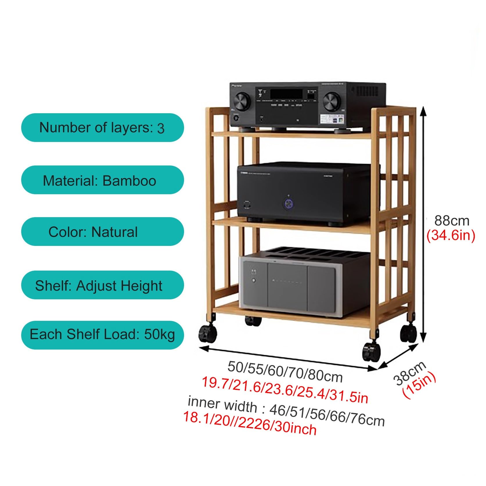 Armadio stereo a 2 3 4 5 ripiani con ripiano regolabile in altezza e ruote, in bambù resistente, supporto multimediale Av per intrattenimento componenti stereo, 3 ripiani, 88 cm W-55