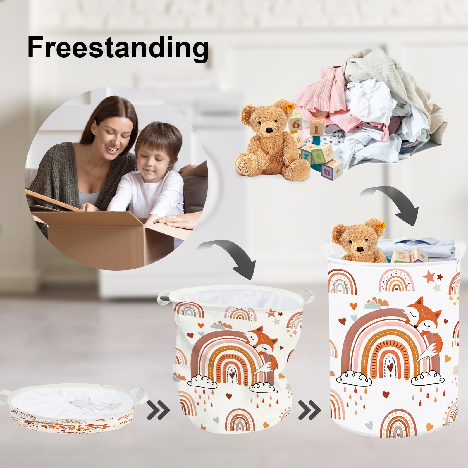 Clastyle Rainbow Baby Laundry Hamper Collapsible Clothes Kids Storage Basket Waterproof Girls Toy Box for Nursery Room Fox, 40x30x30 cm - Image 3