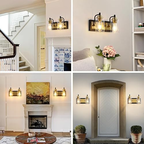 Miniatura 7 de 2 lámparas de tocador de baño, modernas luces negras y doradas, lámparas de baño sobre espejo con pantalla de vidrio transparente, apliques de pared