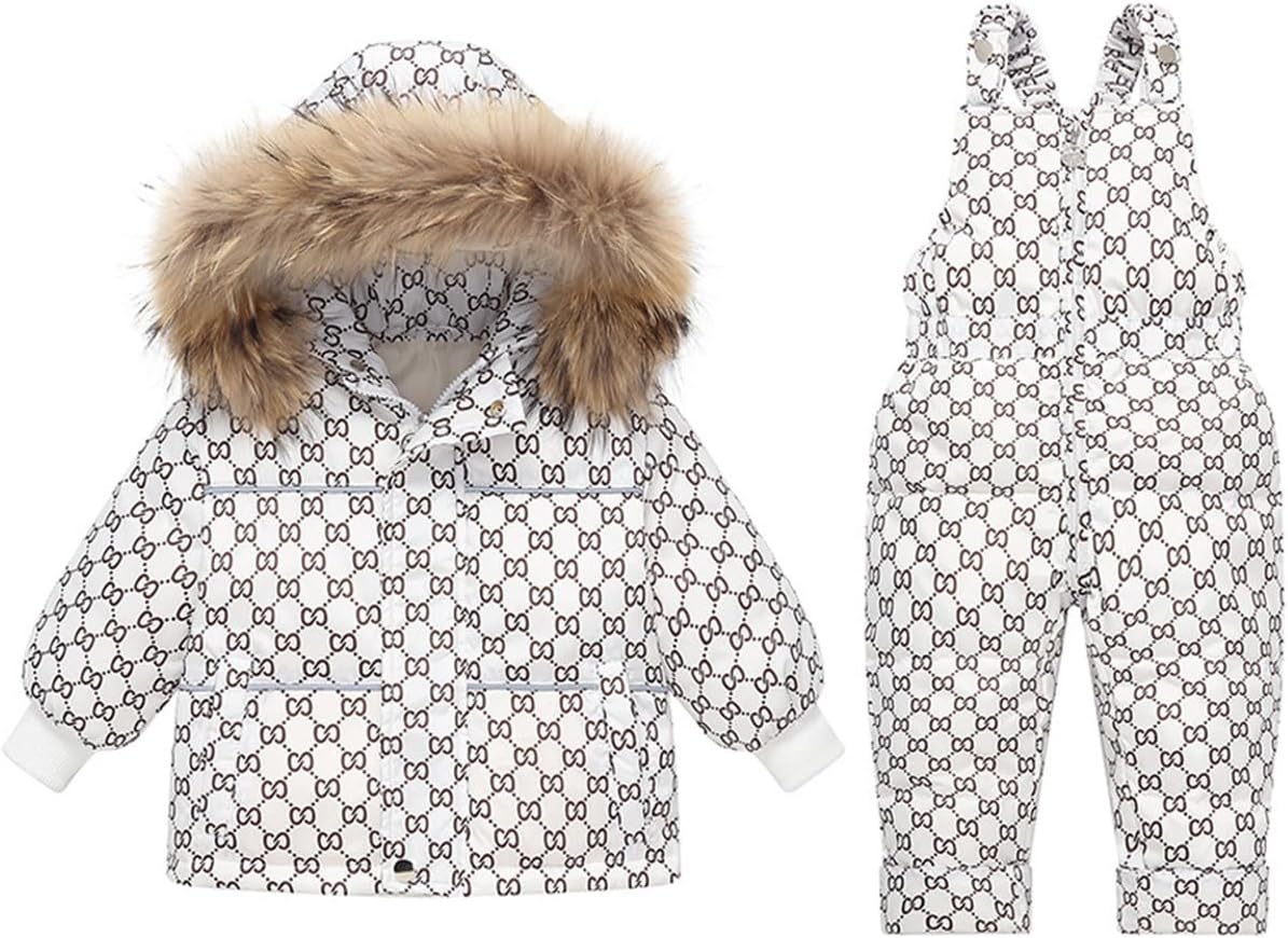 2 Pcs Little Girls Boys Hooded Artificial Fur Trim Vintage Grid Puffer Down Jacket With Snow Pants Ski Snowsuit Set