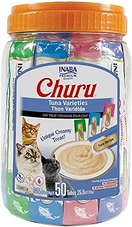 INABA Churu Cat Treats, Grain-Free, Lickable, Squeezable Creamy Purée Cat Treat/Topper with Vitamin E & Taurine, 0.5 Ounces Each Tube, 50 Tubes, Tuna Variety
