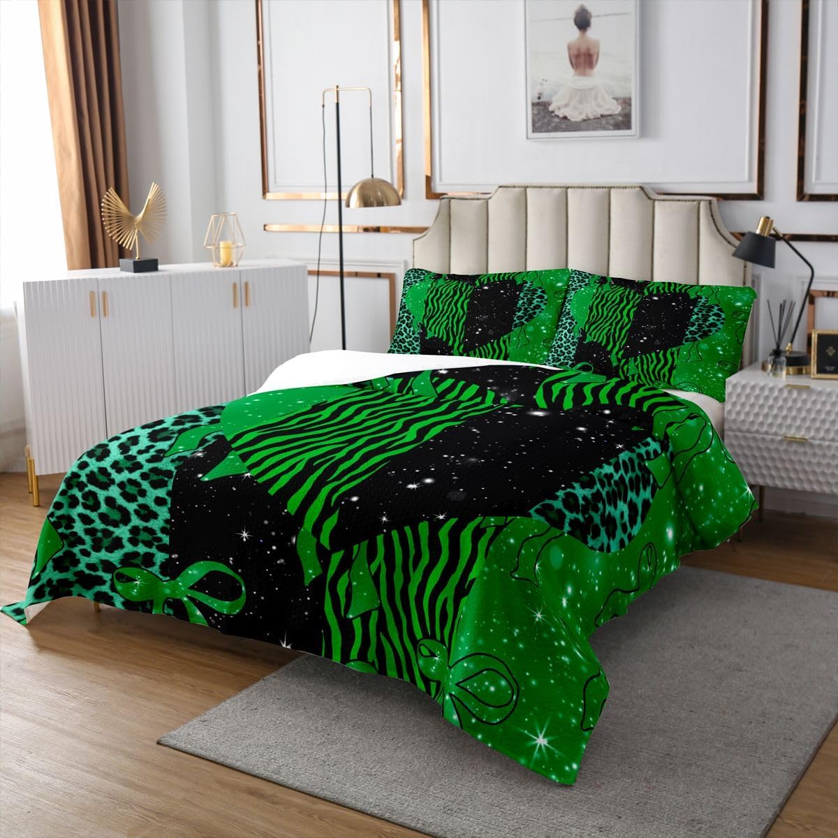 Manfei Leopard Bowknot Kids Bedspread Queen Size,Zebra Stripes Leopard Bow Pattern Coverlet Set,Teens Women Bedroom Decor,Boho Abstract Wild Animal Quilted Coverlet,Green Bedding Quilt,2 Pillowcases