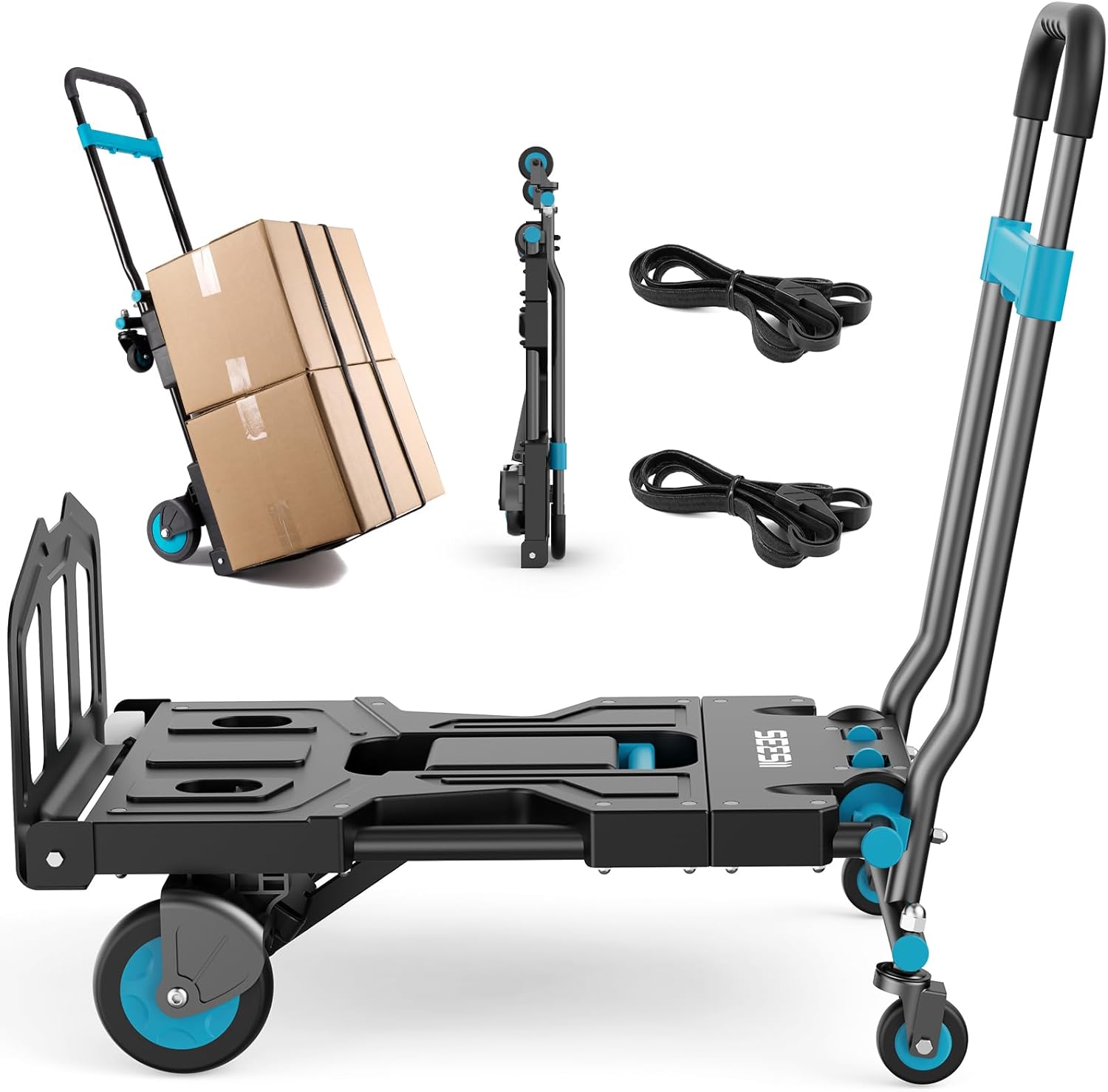 SEESII 2-in-1 Folding Hand Truck Dolly, 330 lbs Max Capacity TPR Wheels Heavy-Duty Cart, 3-Gear Retractable Handle for Utility Move Shopping Delivery No Frame