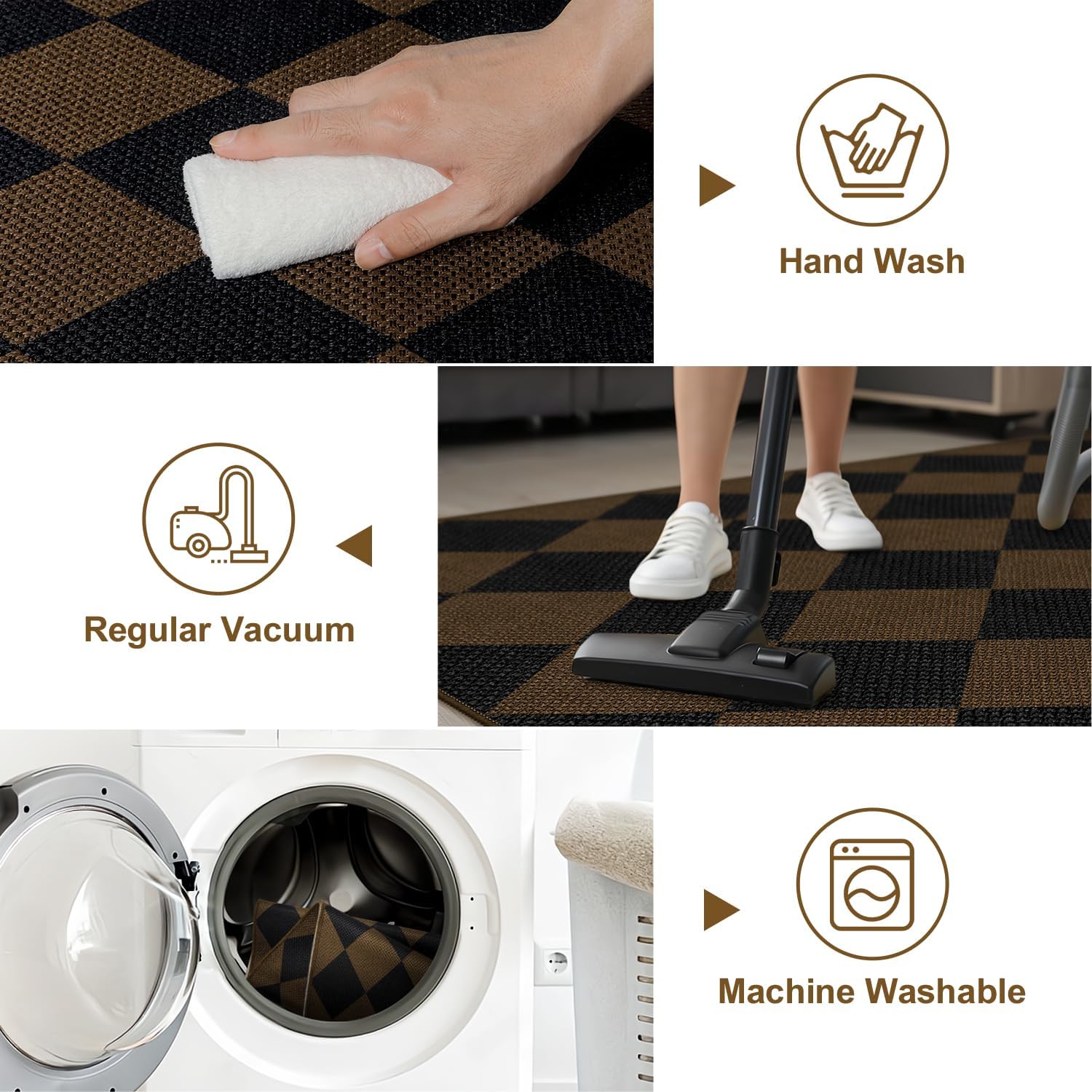 Easy Jute Checkered Runner Rug, 2x6 Coffee Modern Washable Rugs Runner for Hallway Non-Slip Kitchen Runner Rug, Geometric Diamond Indoor Outdoor Carpet for Porch Laundry Entryway - Image 3