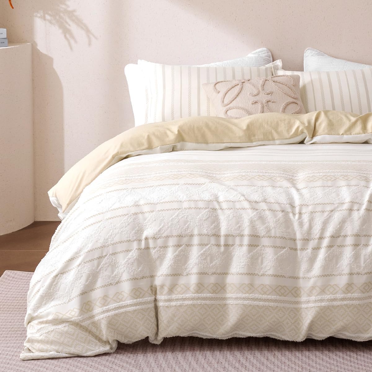 SLEEP ZONE Duvet Cover Set King, Luxury Jacquard Boho Diamond Soft and Breathable 3 Pcs Comfy Bedding Set Duvet Cover with Zipper Closure and 2 Pillow Shams, Pink