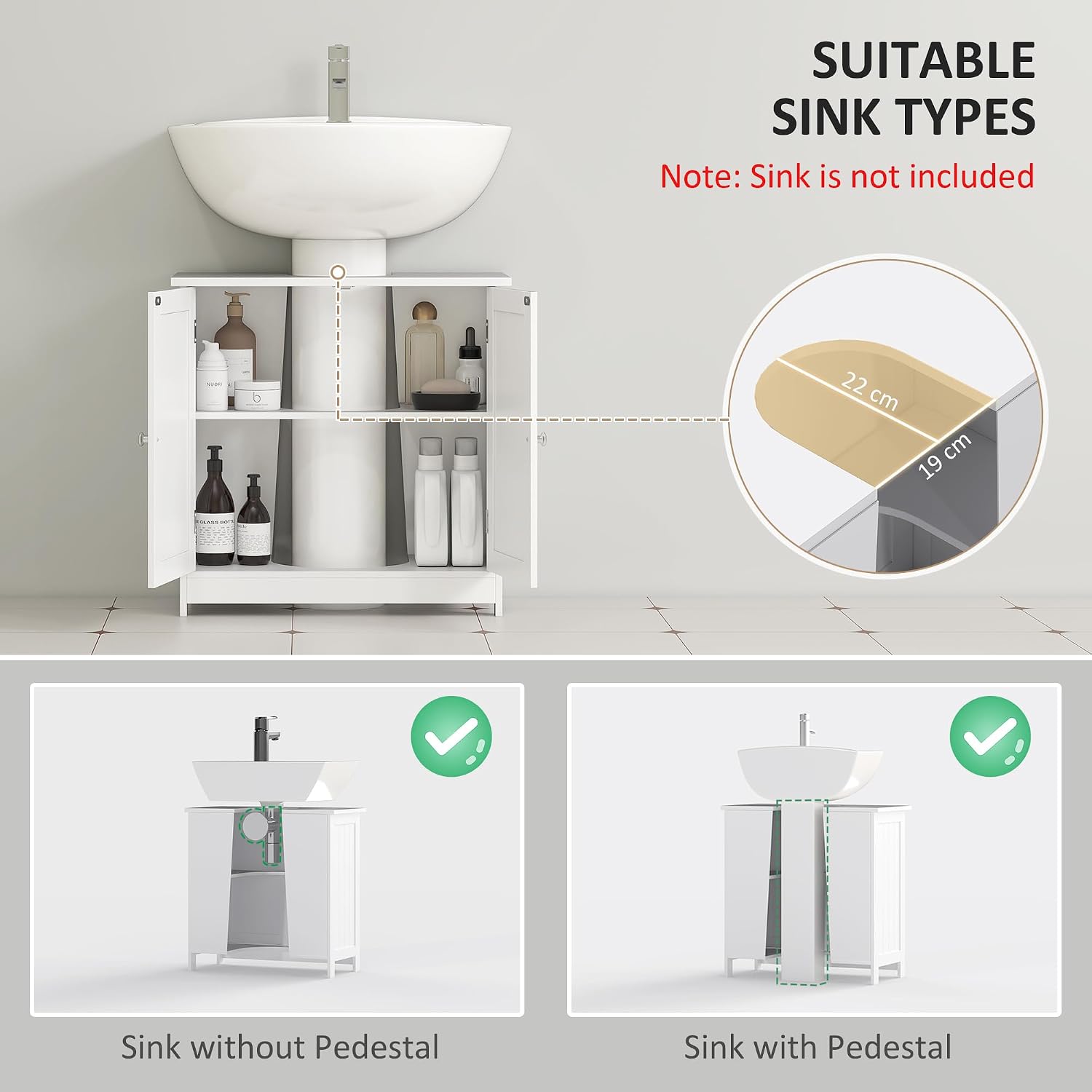 HOMCOM Under Sink Bathroom Cabinet, 2-Door Pedestal Sink Storage Unit with Adjustable Shelf, Freestanding Under Basin Cupboard for Small Bathrooms, 60 x 30 x 60 cm, White