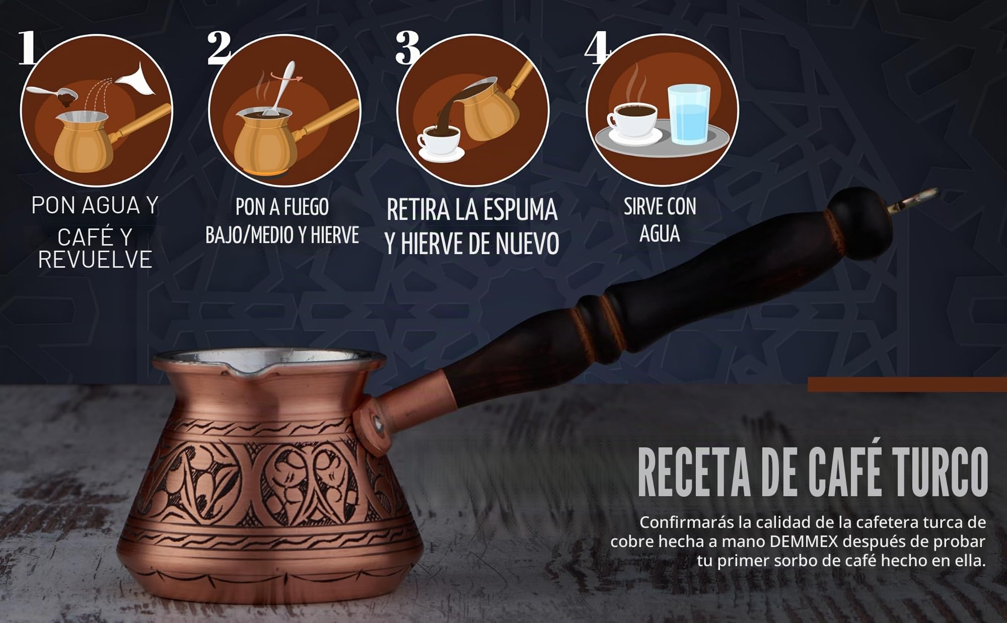 DEMMEX Cafetera Turca, Griega y Árabe de Cobre Más Grueso, Cafetera para Estufa, Cezve Ibrik Briki con Mango de Madera y Cuchara, (Grabada a Mano (270 ml))