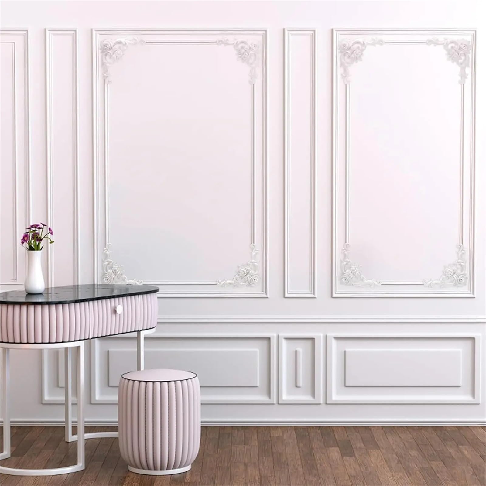 Moldura de PU pintable, flor esquina decorativa, rosa, fondo techo, tallado pared, decoración del gabinete hogar(25cmx25cm)