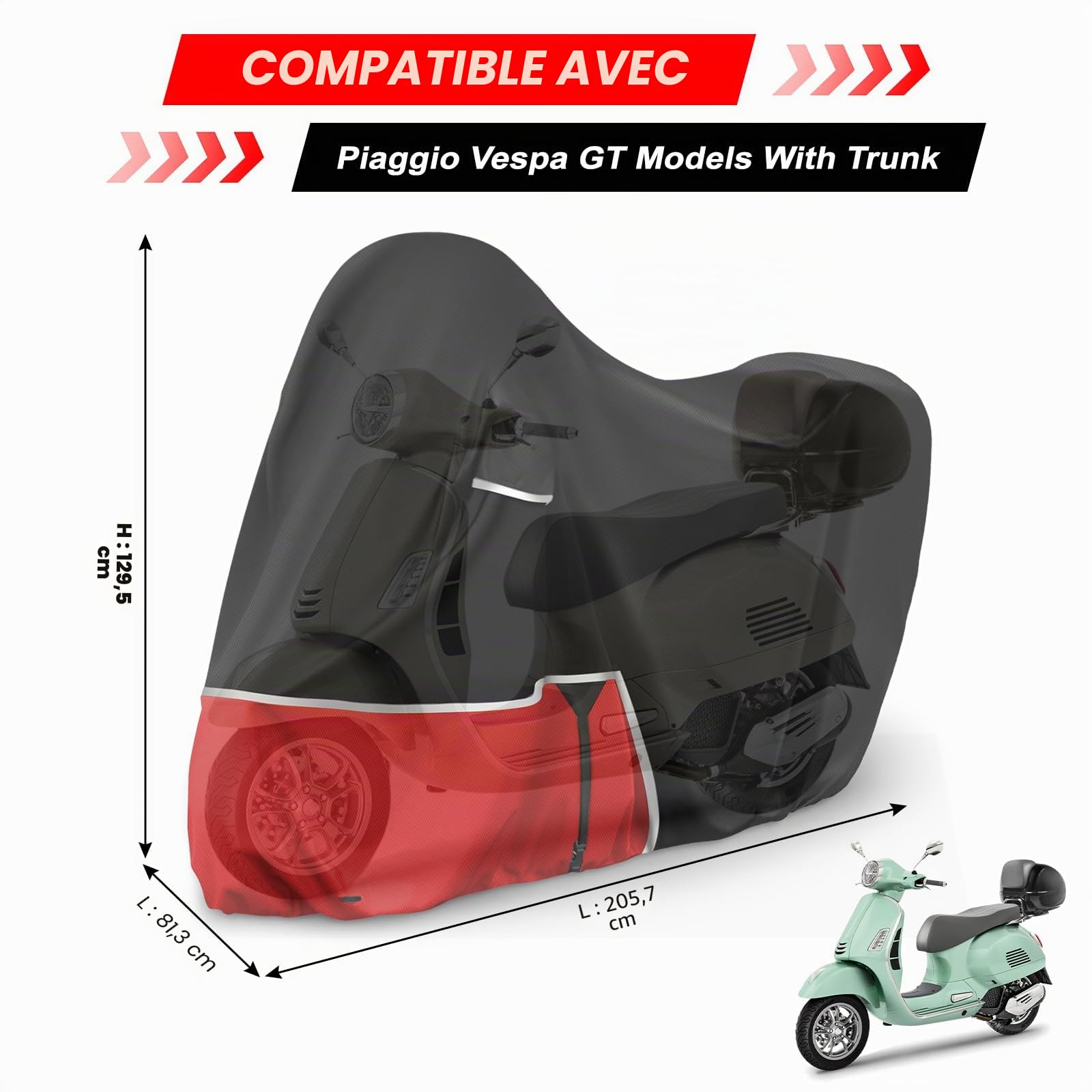 Bâche de Protection Moto, pour Piaggio Vespa GTV GTS GT60/125/200/250/300 | (avec Coffre), Housse Protection Vespa 125 imperméable, résistante à l'hiver, en Tissu Oxford 420D, Noir et Rouge