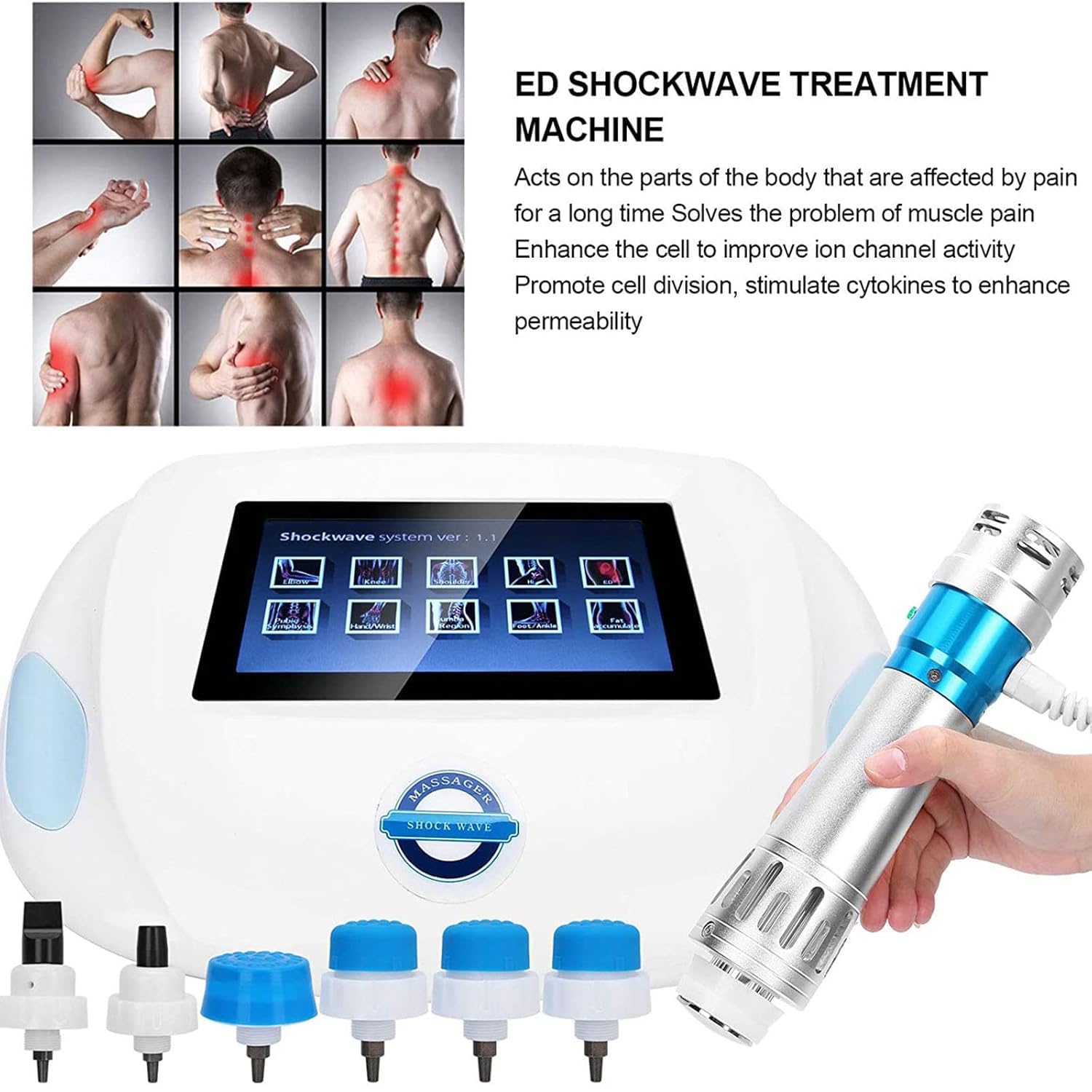 Dispositivo per Terapia Ad Onde D’Urto, Macchina ED 200W con 7 Teste Massaggianti, Regolazione a 27 Livelli, per Recupero Muscolare E Alleviamento del Dolore