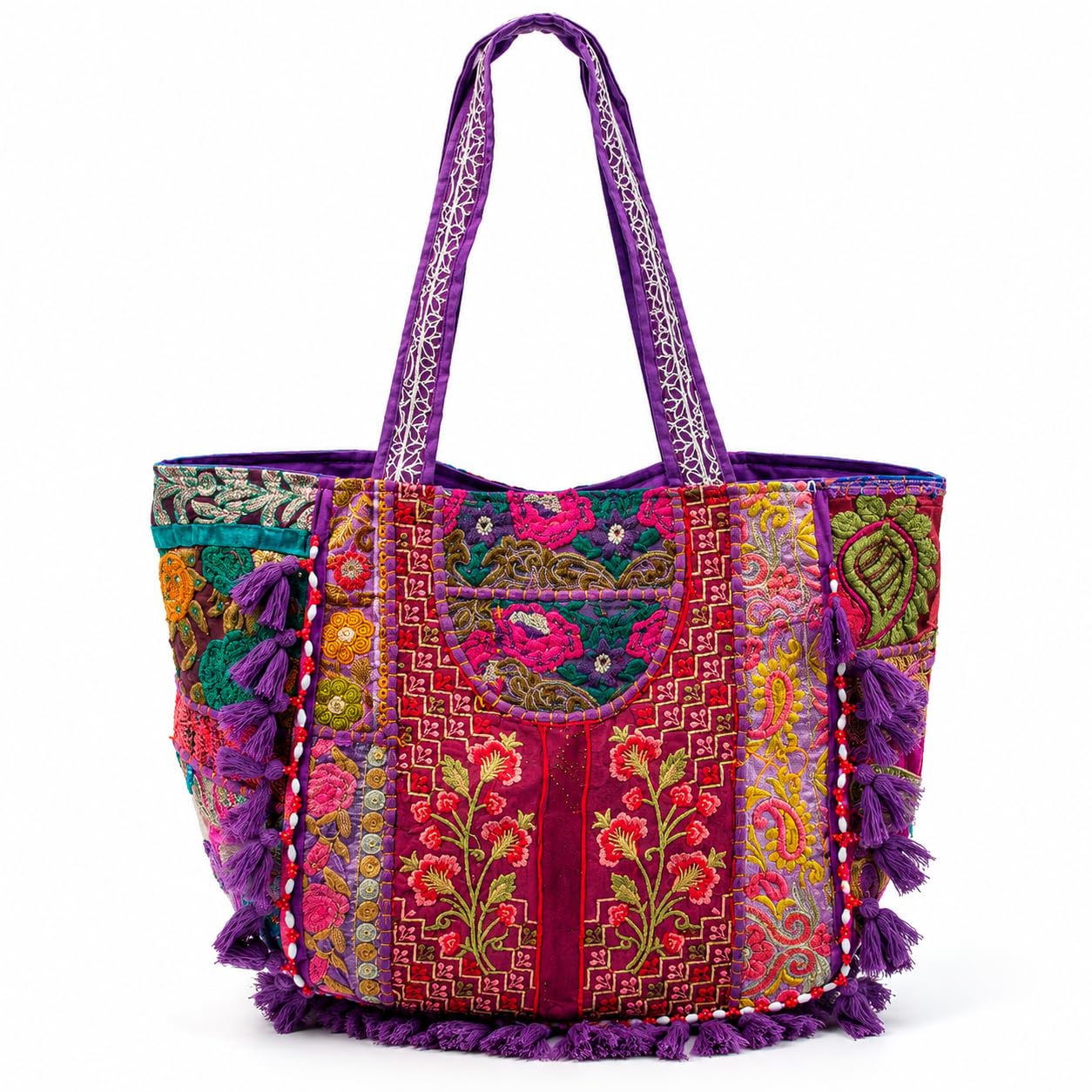 Handmade Vintage Banjara Tote Bag, Boho Embroidered Shoulder Bag with Tassel & Patchwork, Large Rajasthani Ethnic Purse for Travel-image-39