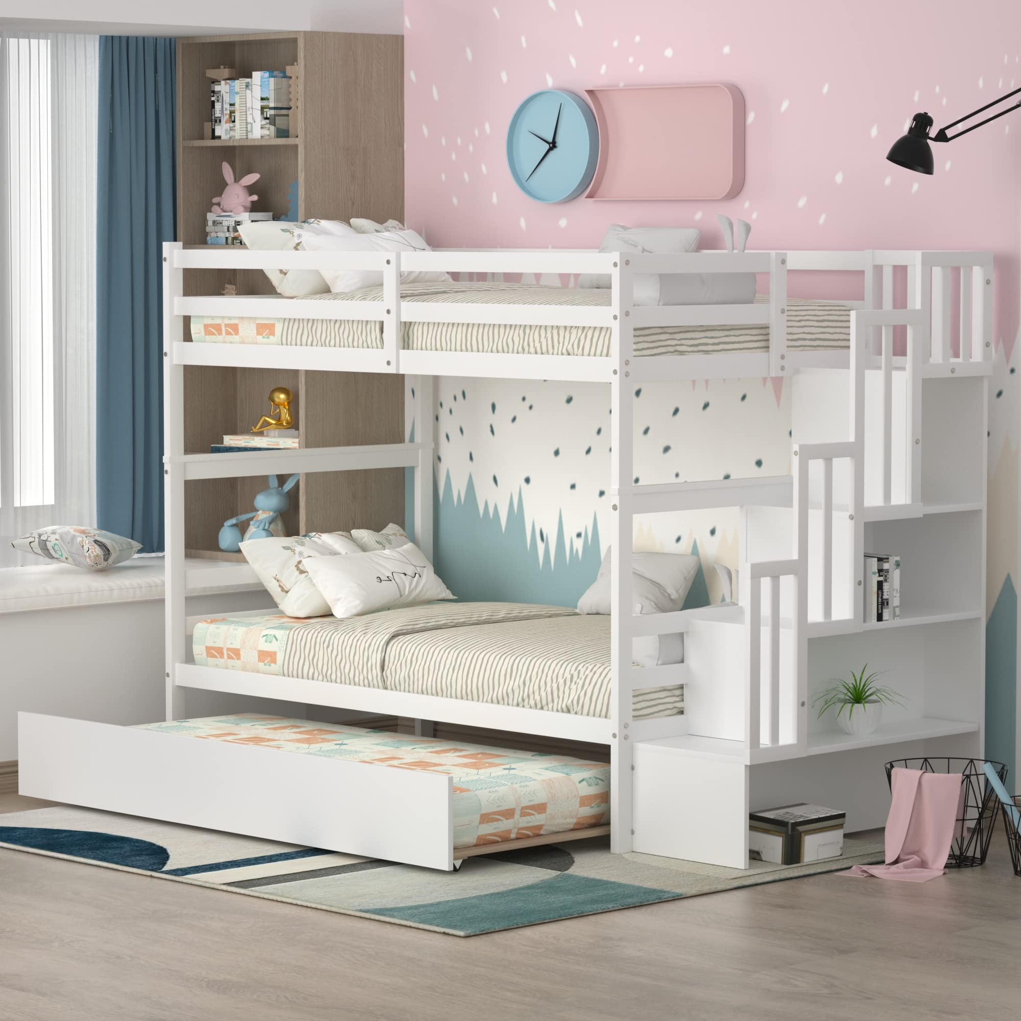 Olela Bunk Bed Twin Over Twin with Trundle,Convertible Wood Bunk Bed Frame with Storage Shelves and Stairs for Kids Teens, No Box Spring Need,White