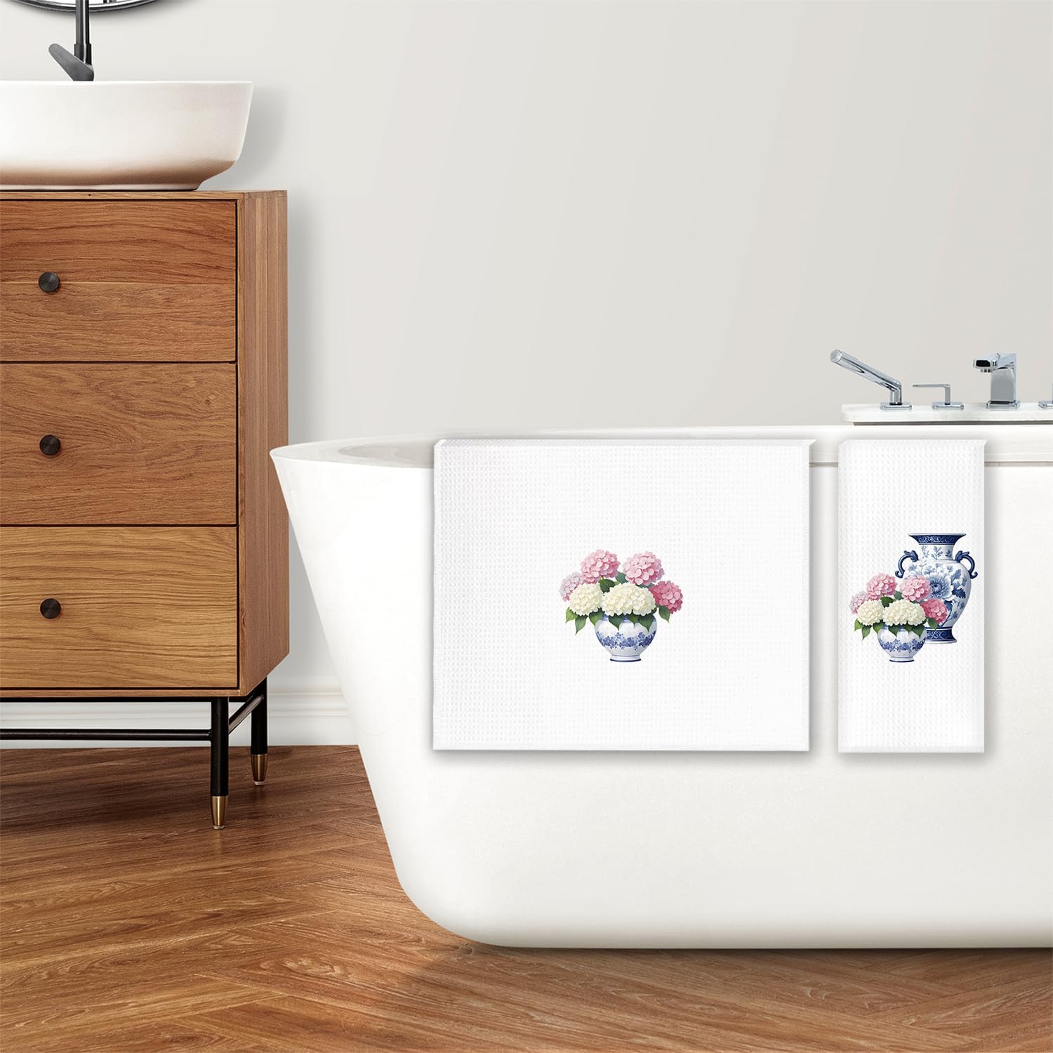 Chinoiserie Hydrangea Floral Kitchen Dish Towels, Grandmillennial Pink and White Hydrangea Flower Decorative Hand Tea Towels for Kitchen Bathroom, 16x24 Inches Set of 2 - Image 5