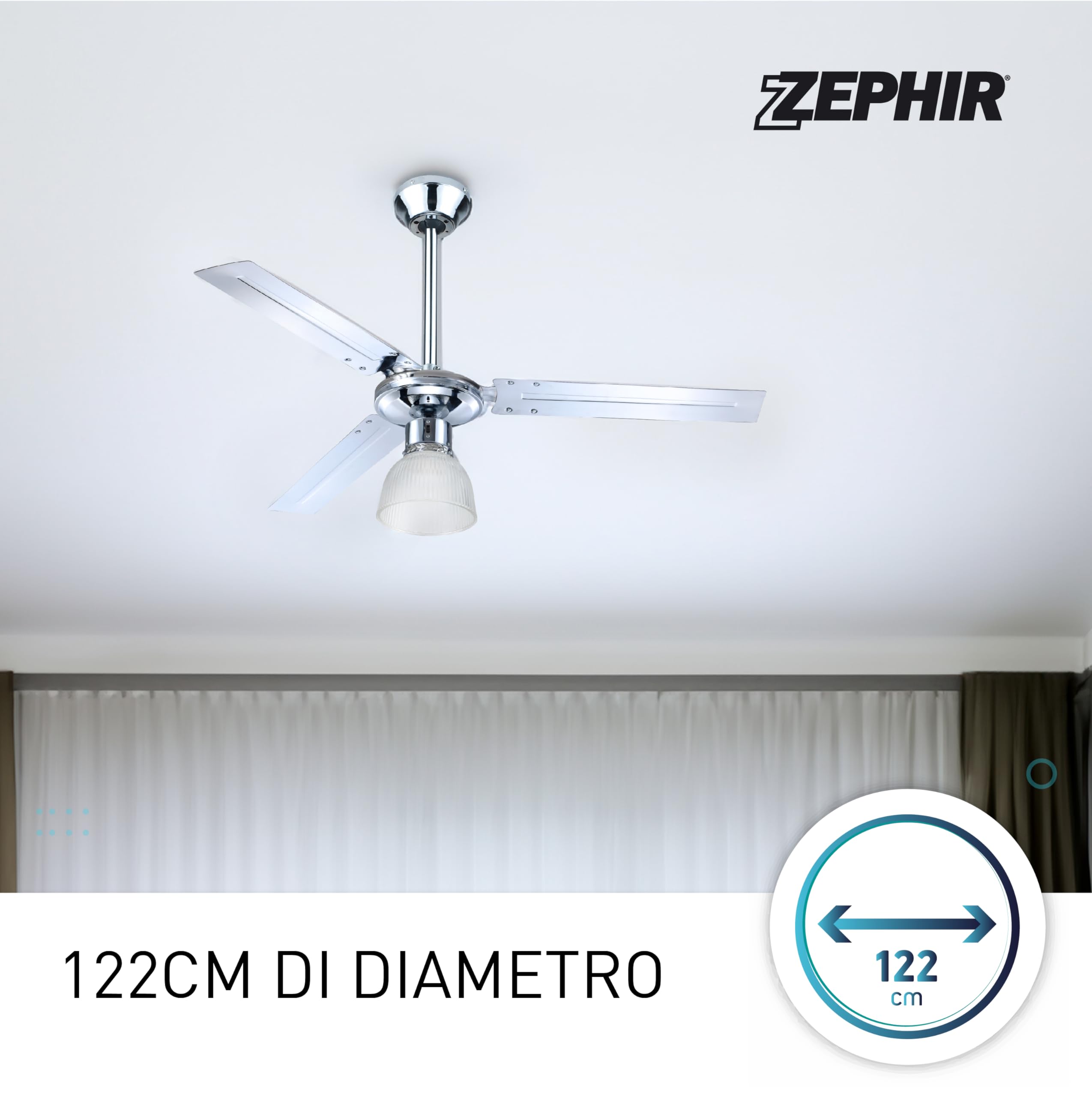 Zephir ZFS3121X Ventilatore da Soffitto in Metallo con Lampada, Argento