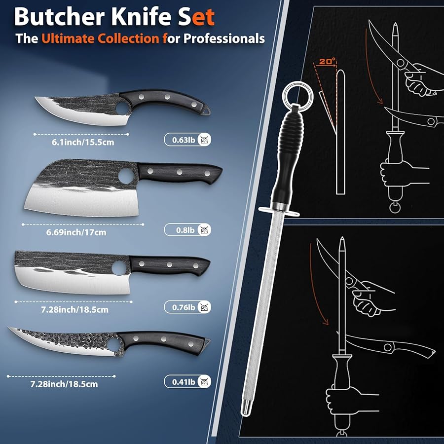 TIVOLI Professional Butcher Knife Set for Meat Processing, 7Pcs High Carbon Steel Hand Forged BBQ Knife Sets, Serbian Chef Knife Set with Ergonomic Handle for Kitchen Outdoor Cooking Gifts - image 5