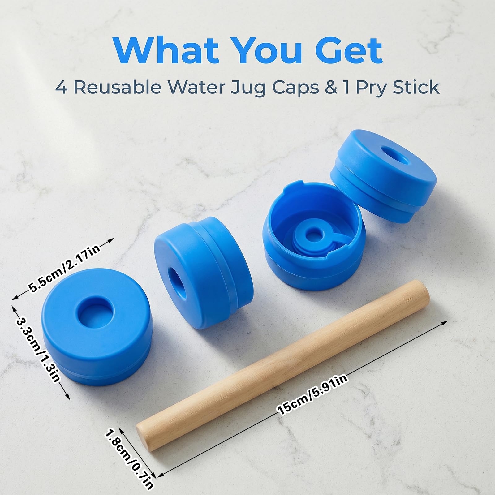 4 Pack Reusable Water Jug Caps, 5 Gallon Bottle Replacement Lids, Anti Spill Snap On Top with Wooden Stick, Dispenser Cover for 3 Gal Cruche D'eau, Bouteille Accessories - 3