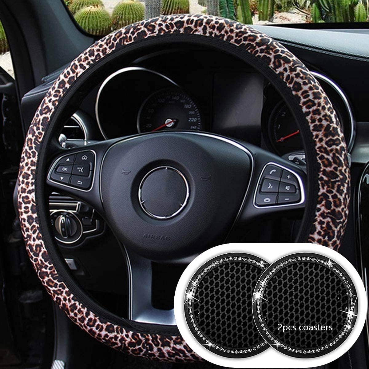 Uphily Leopard Print Steering Wheel Cover, Non-Slip Elastic Universal Leopard Print Car Steering Wheel Cover for Women and Girls, 15 Inch, Fit Suvs Vans Sedans Cars Trucks Decor (2.2 Brown Leopard)