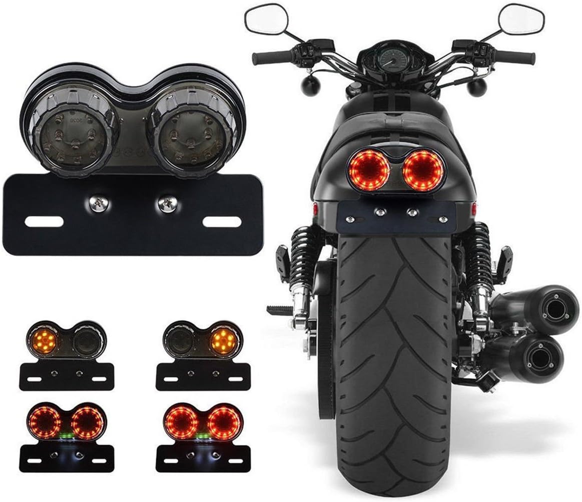 Motorcycle LED Tail Light Retro Refit Integrated Double Round Brake Light Turn Lights Light Step 12V 40W with License for ATVs Dirt bike Knight Scooter Cruiser buggy (Color:Smoked Red) (red)