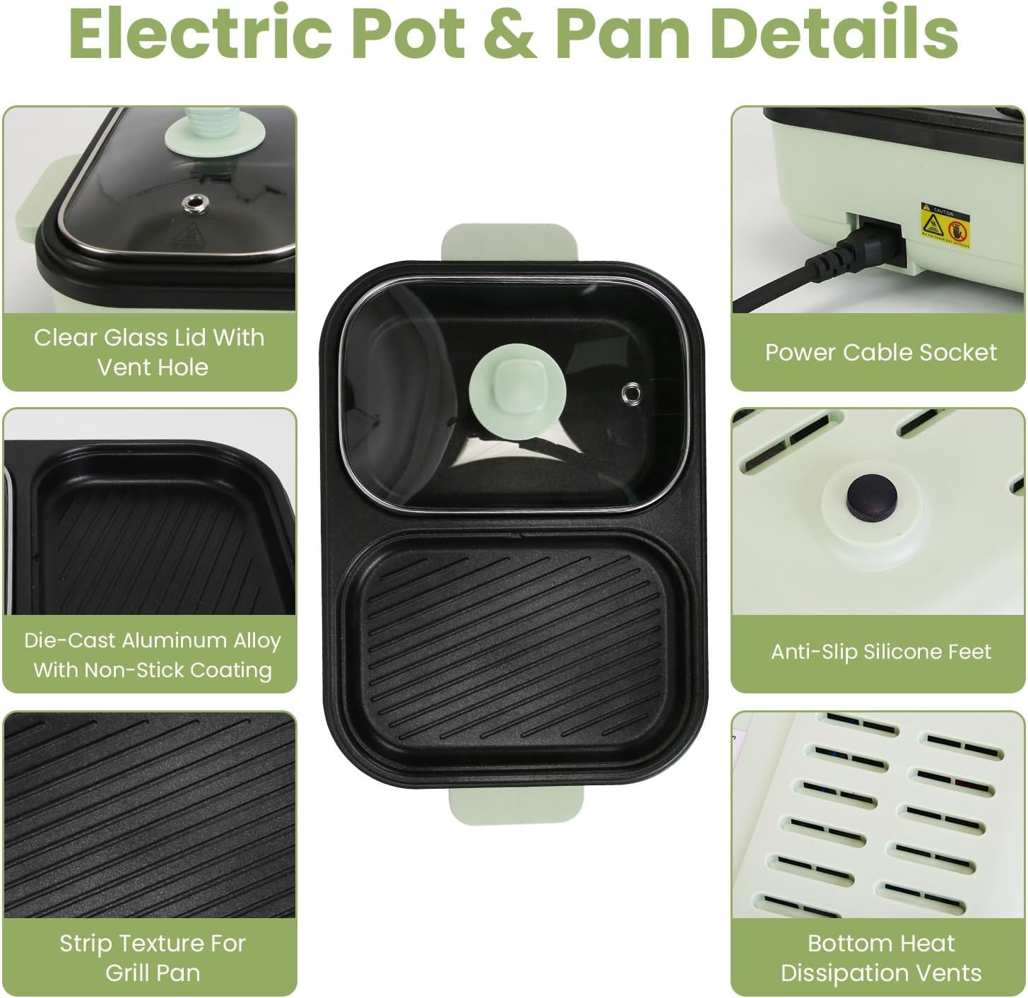 iMounTEK Electric Hot Pot with Grill 2-IN-1 Hot Pot and Frying Pan Portable Non-Stick Pot and Griddle Electric Cooker Pot with Glass Lid Fast Heating BBQ Steaks Noodles for 1-2 People Party