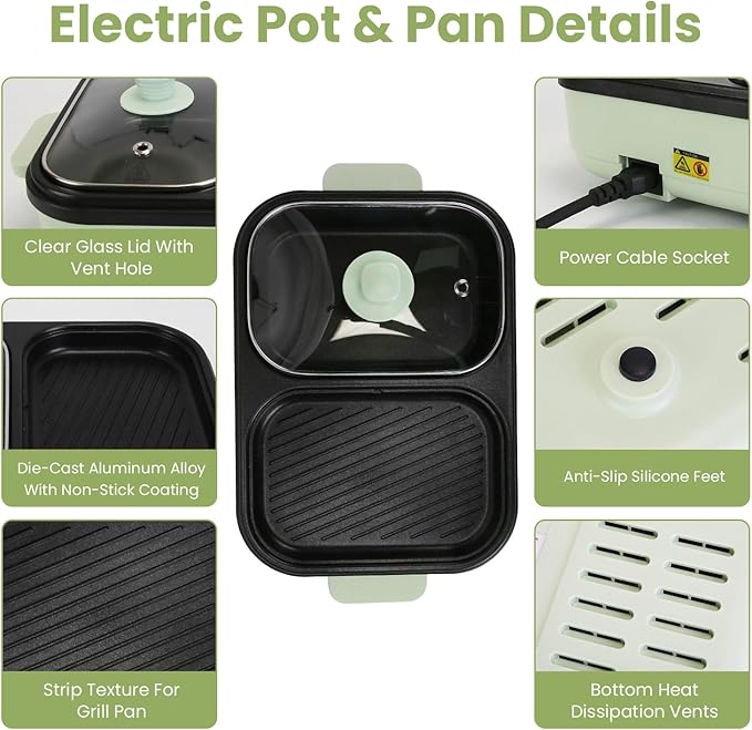 TeqHome Olla Eléctrica 1300W con Grill 2 en 1, Antiadherente, Verde miniatura 6